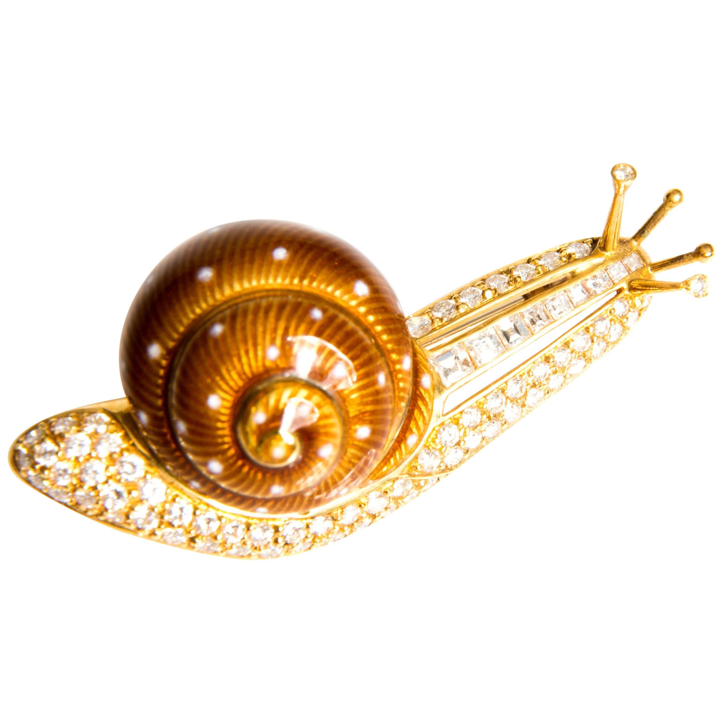 Sea Snail Enamel, Diamond and Yellow Gold Brooch For Sale