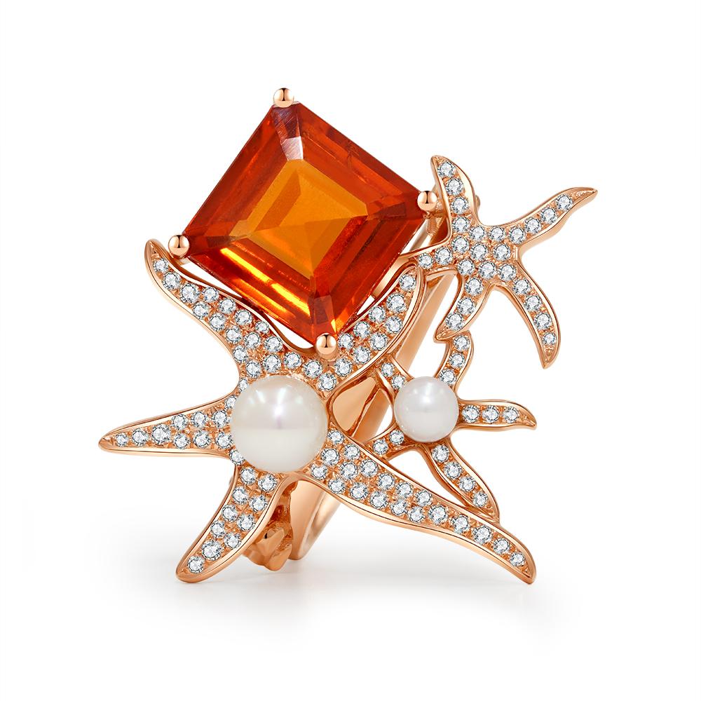 Im Angebot: Cocktailring mit Seestern- Spessartit 'Orange' Granat, Perle und Diamant () 3