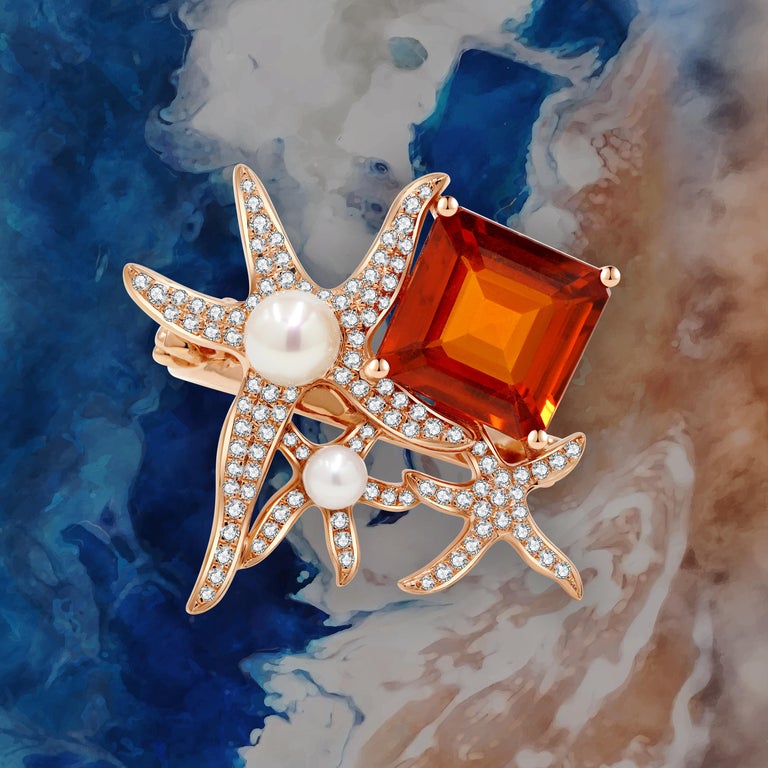 For Sale:  Sea Star Spessartite 'Orange' Garnet, Pearl and Diamond Cocktail Ring 4