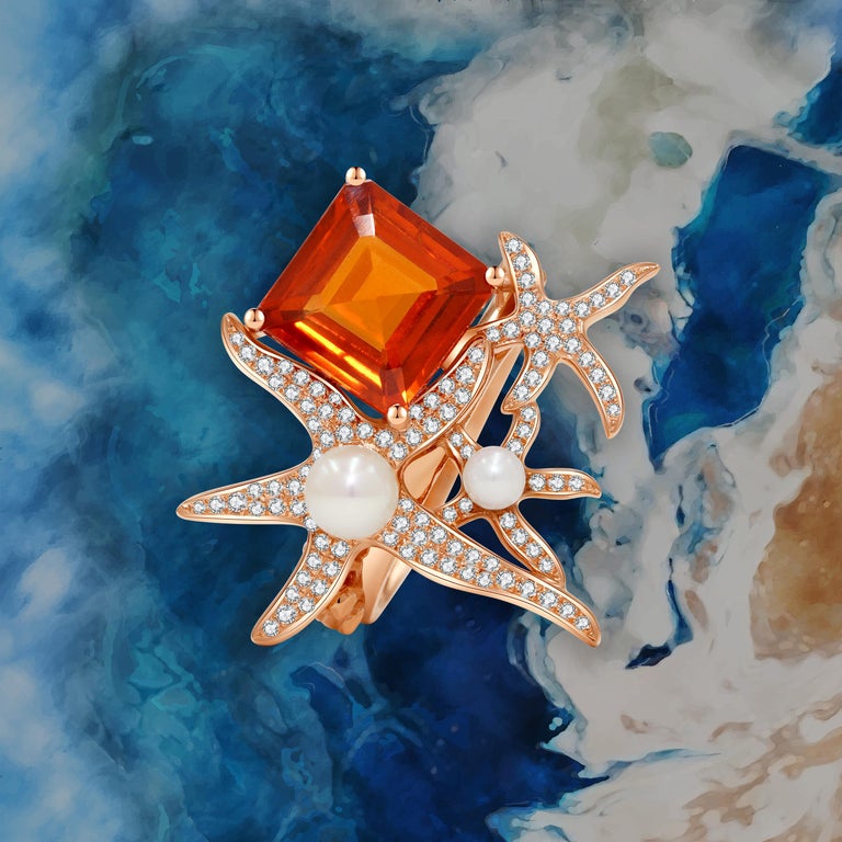 For Sale:  Sea Star Spessartite 'Orange' Garnet, Pearl and Diamond Cocktail Ring 5