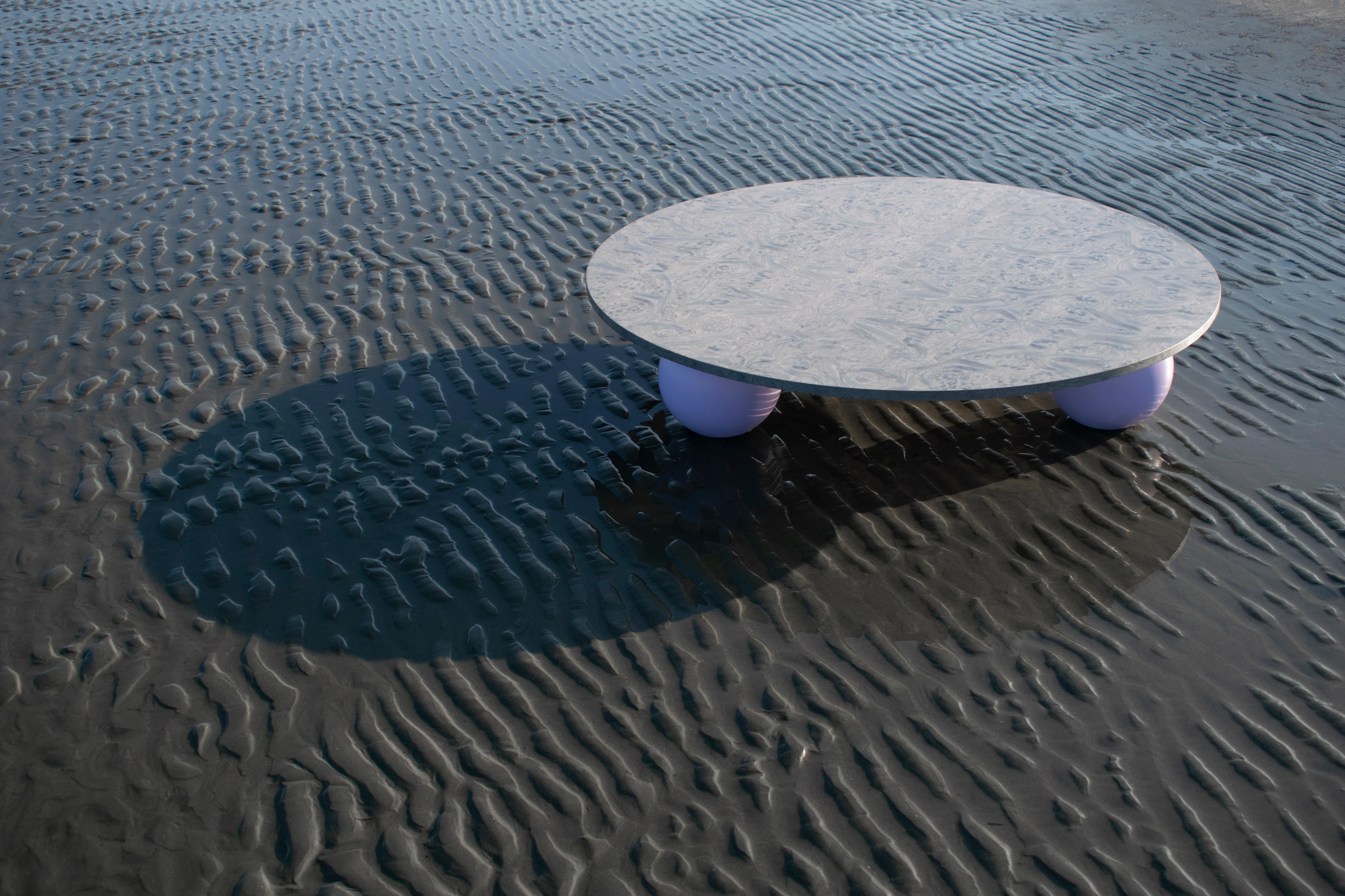 European SEA SURFACE Coffee Table Silver Veneer and Solid Wood Lilac Spheres For Sale