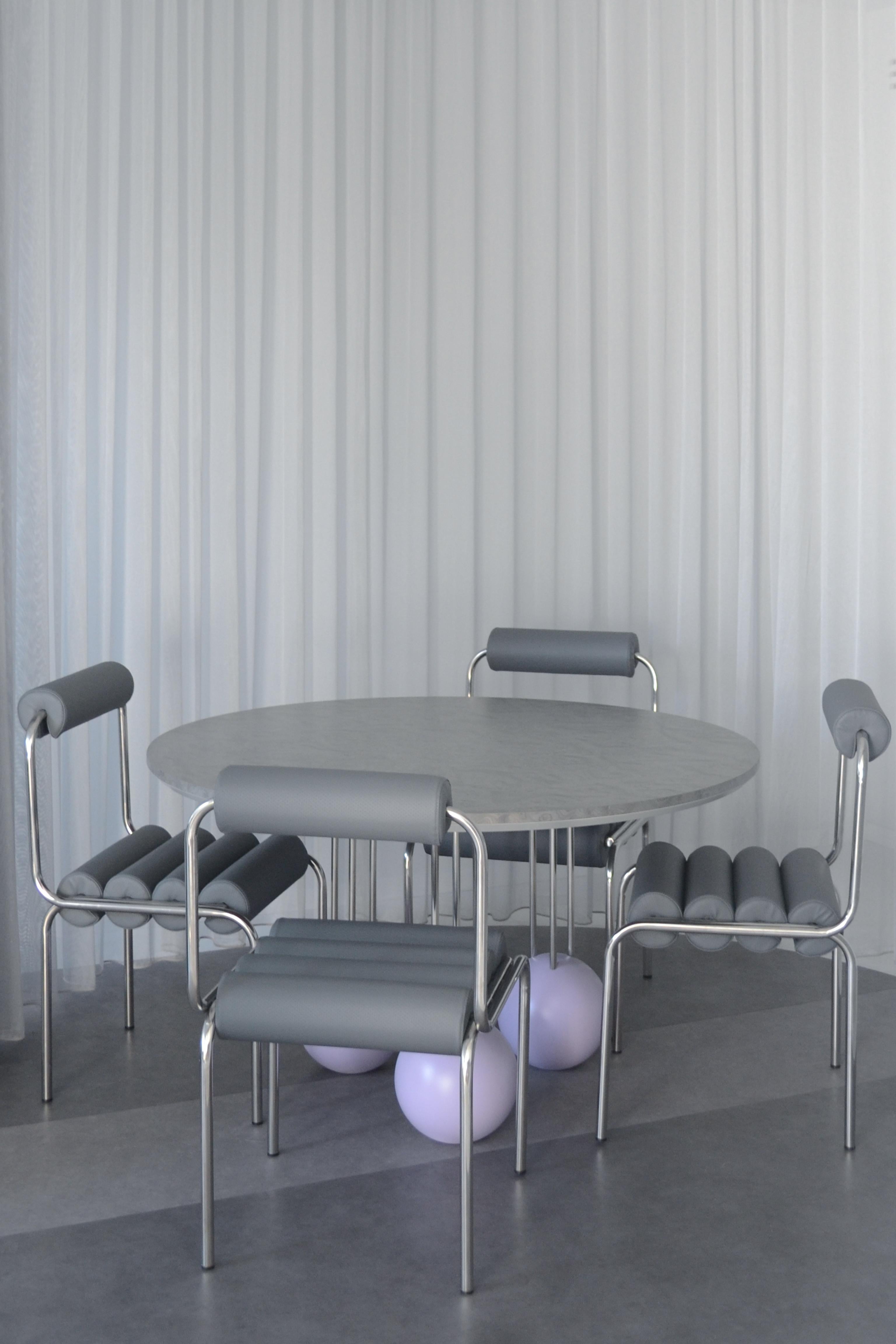 SEA SURFACE Dinning Table in Silver Veneer, Stainless Steel Pipes, Lilac Spheres For Sale 4