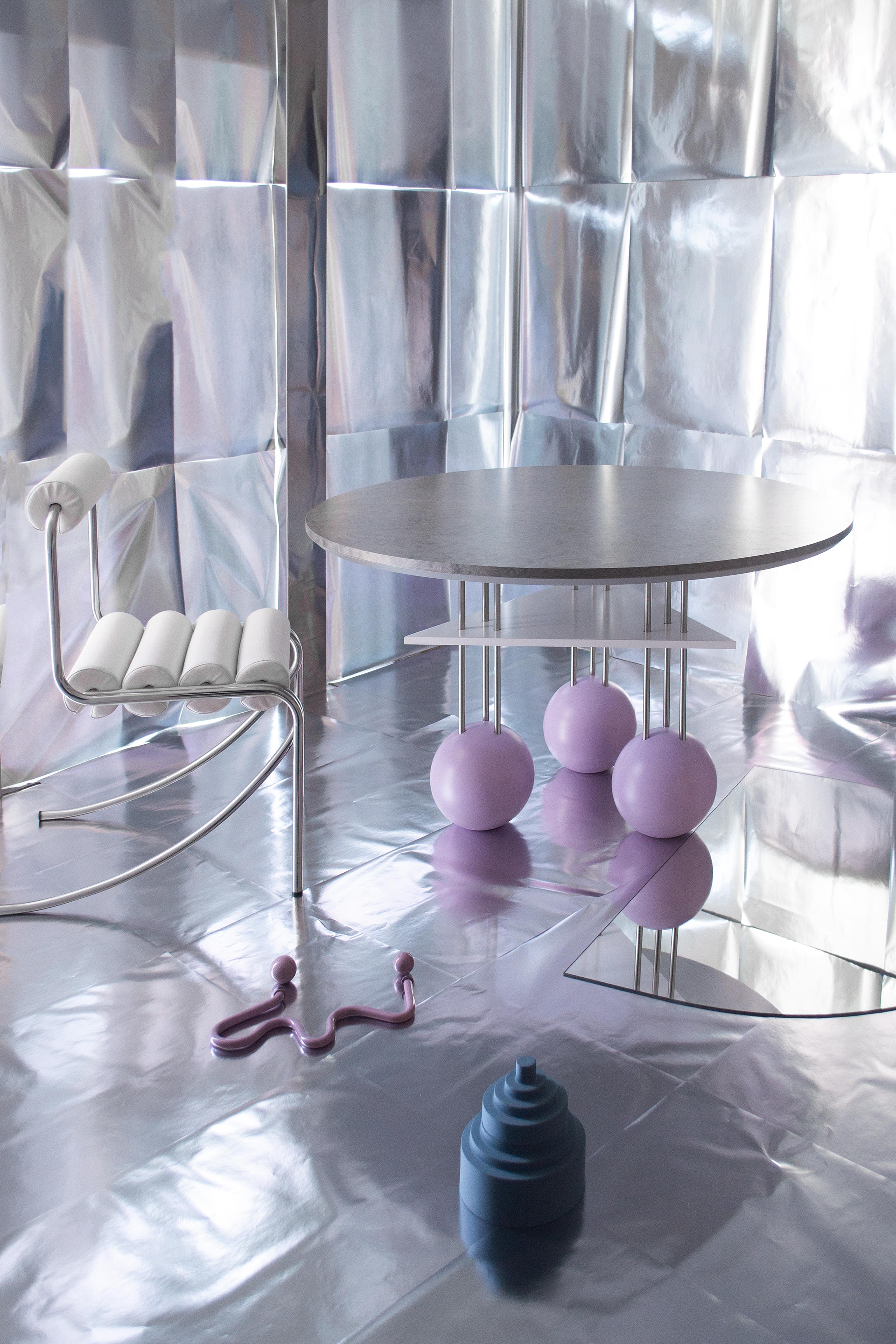 SEA SURFACE Dinning Table in Silver Veneer, Stainless Steel Pipes, Lilac Spheres For Sale 5