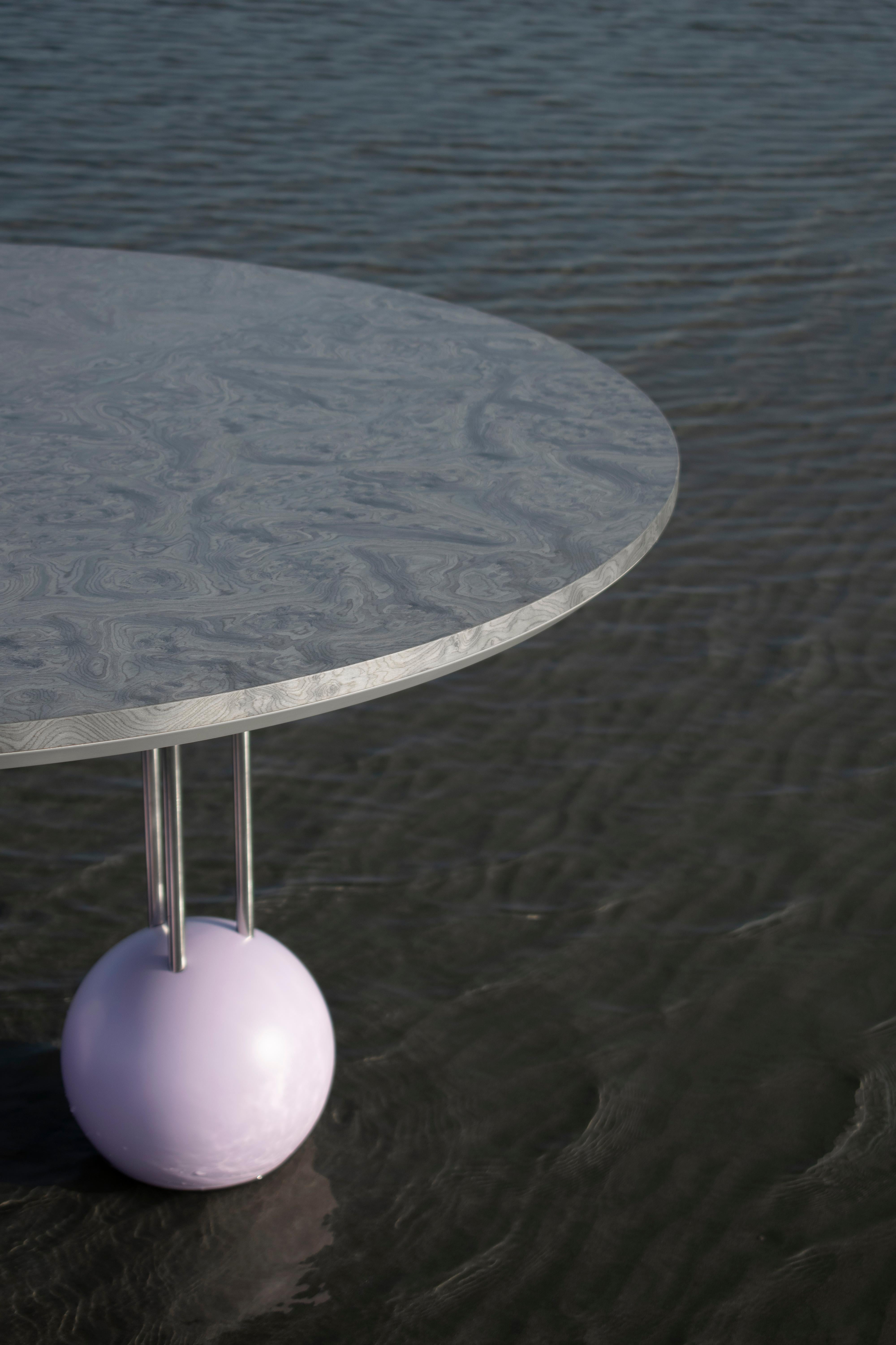 SEA SURFACE Dinning Table in Silver Veneer, Stainless Steel Pipes, Lilac Spheres For Sale 3