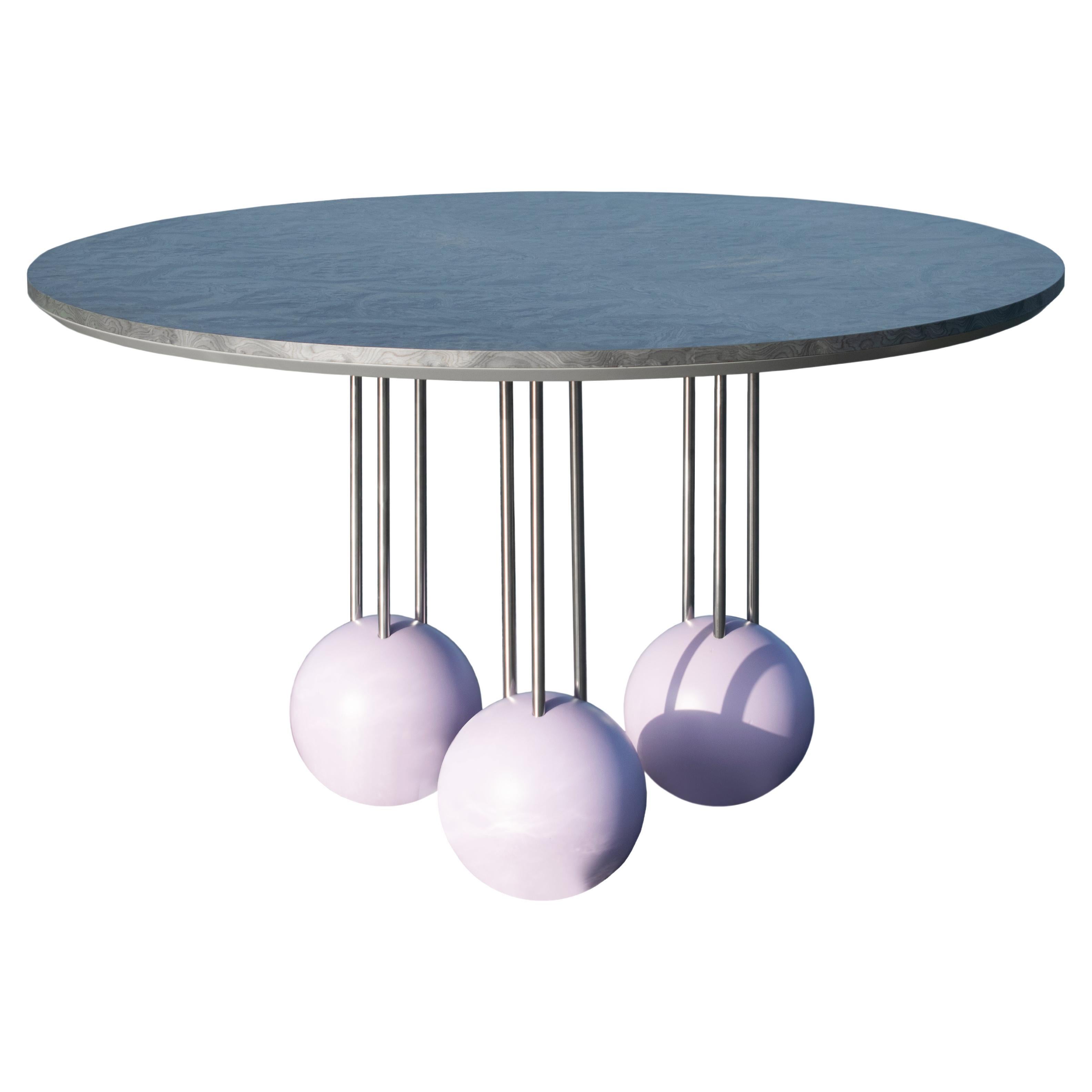 SEA SURFACE Dinning Table in Silver Veneer, Stainless Steel Pipes, Lilac Spheres