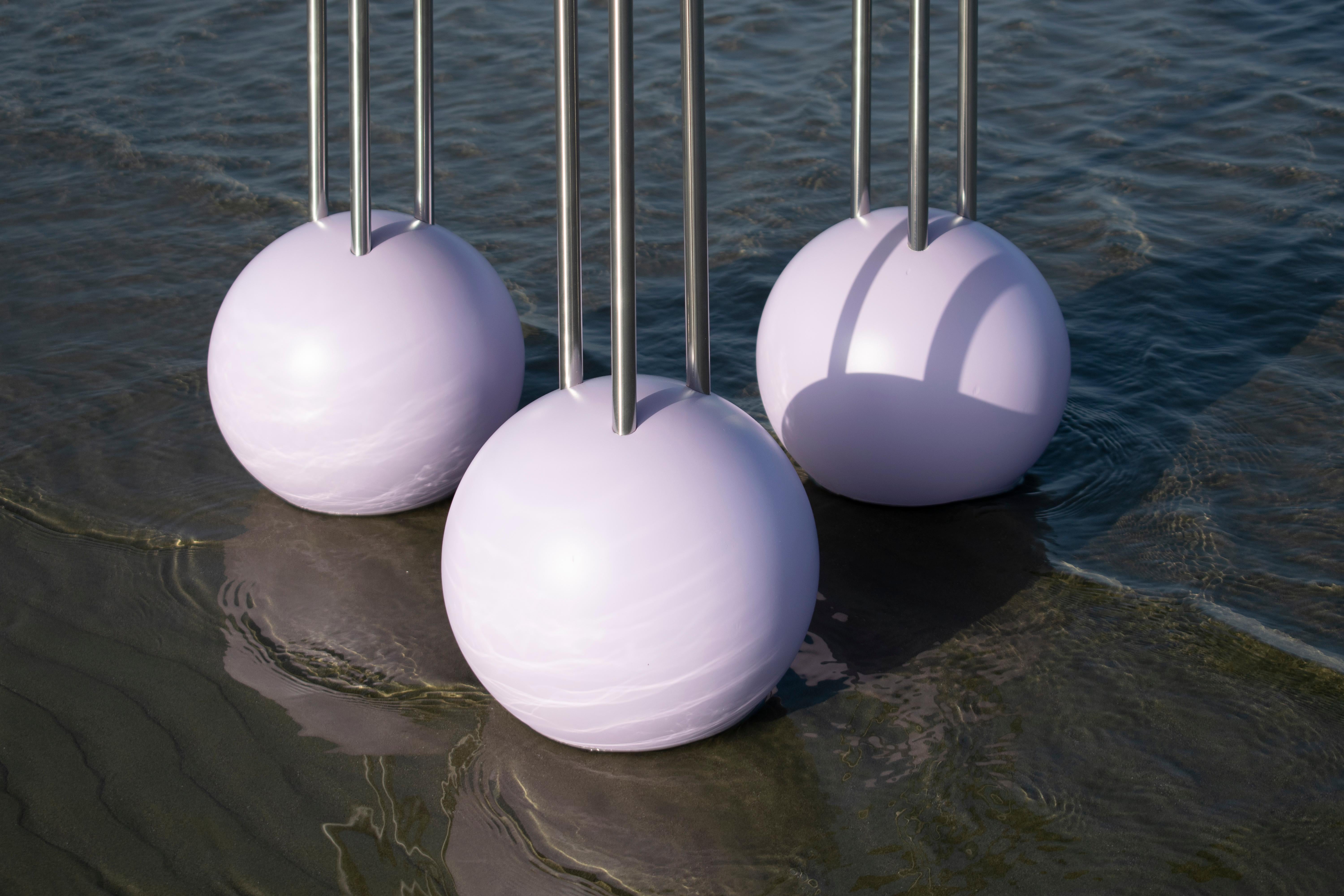 Greek SEA SURFACE Dinning Table in Silver Veneer, Stainless Steel Pipes, Lilac Spheres For Sale