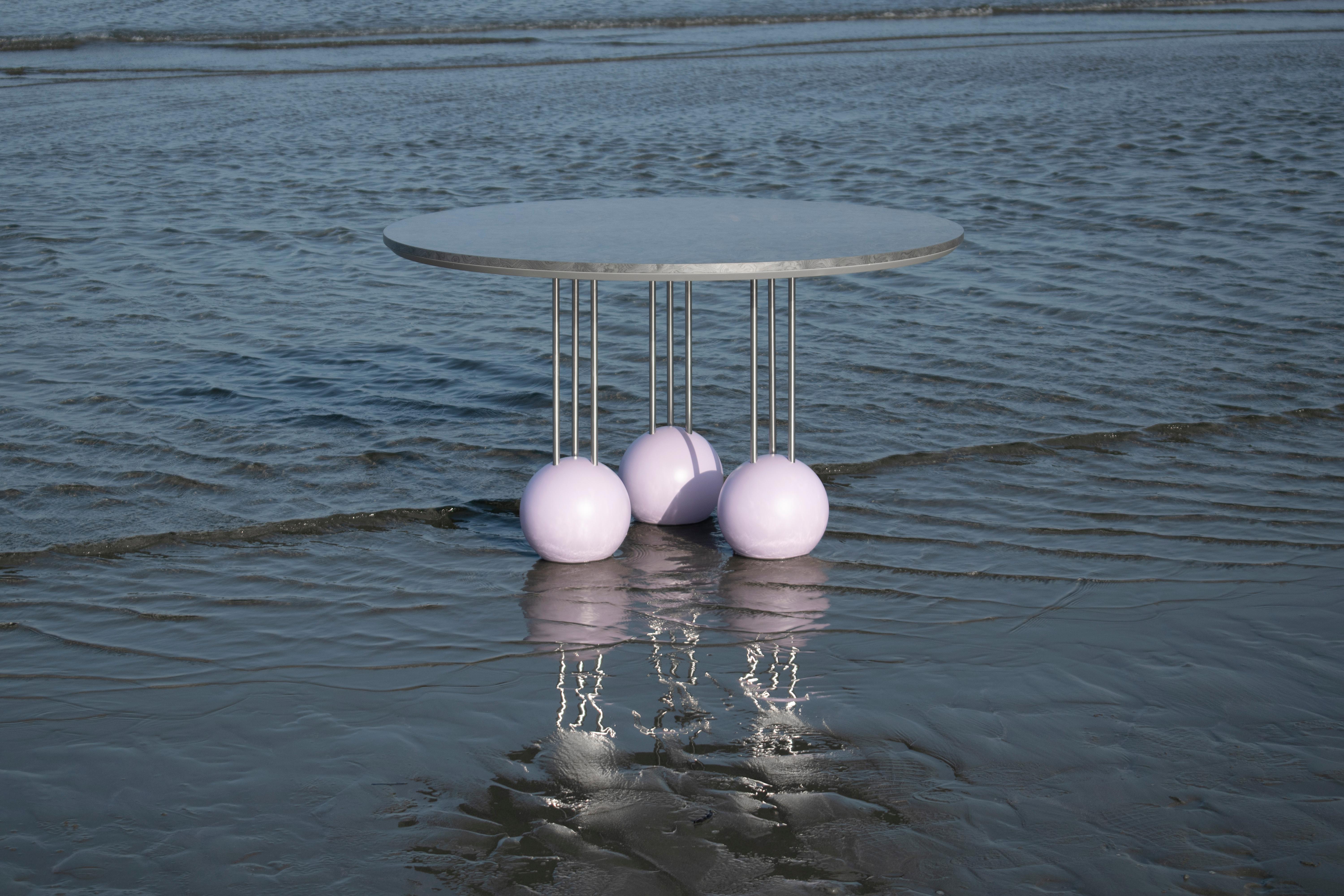 Contemporary SEA SURFACE Dinning Table in Silver Veneer, Stainless Steel Pipes, Lilac Spheres For Sale