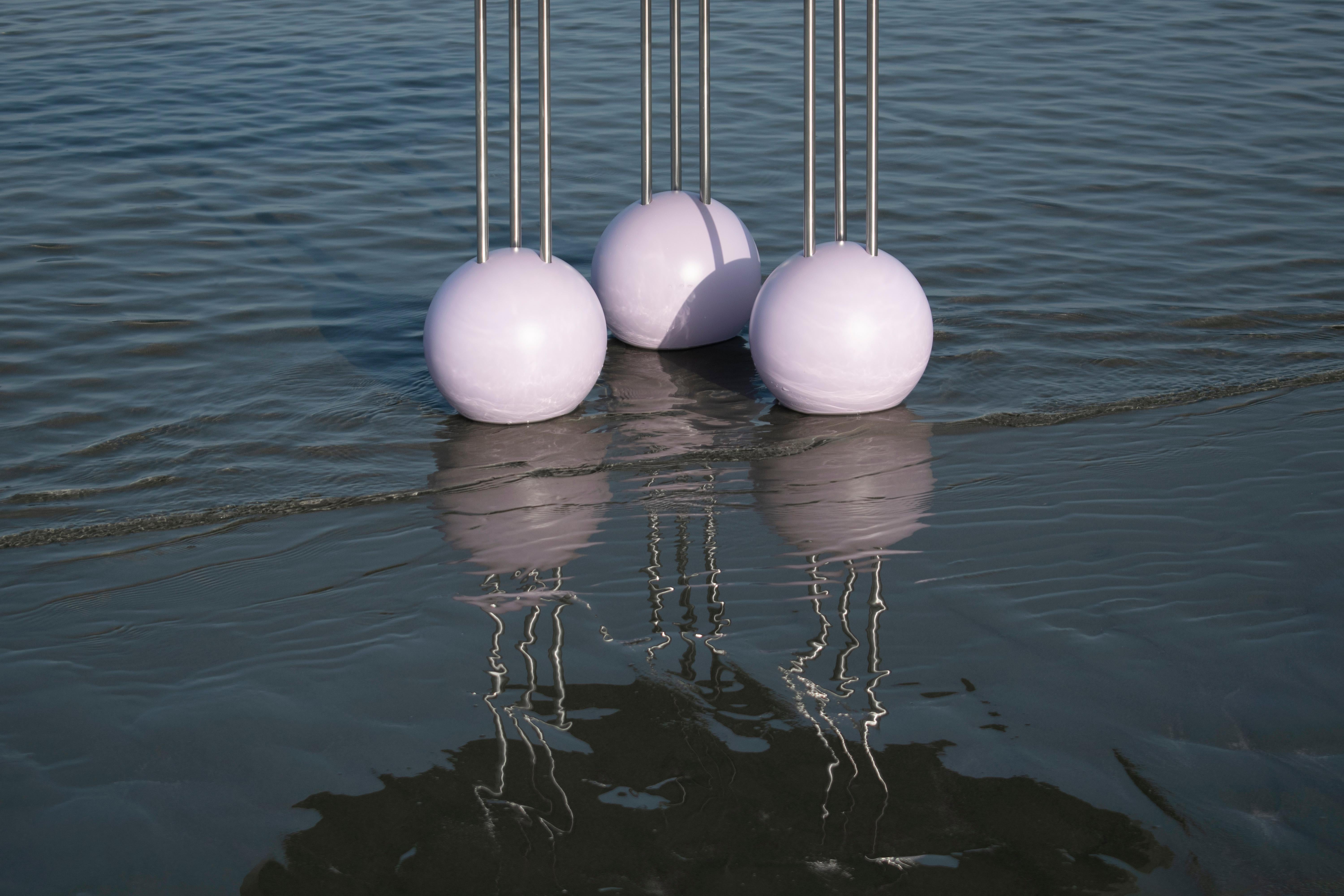 SEA SURFACE Dinning Table in Silver Veneer, Stainless Steel Pipes, Lilac Spheres For Sale 1