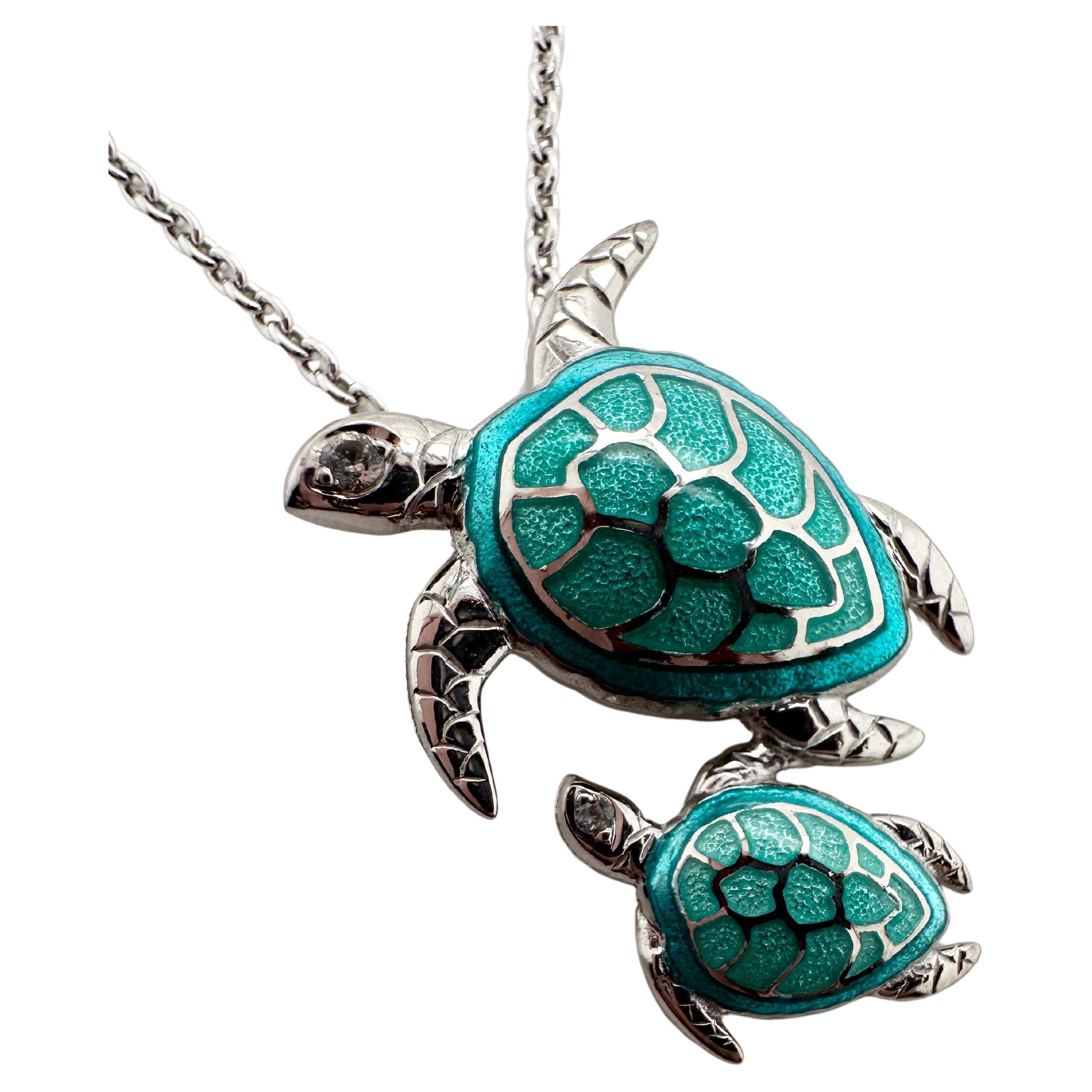 Sea Turtle baby and mama diamond pendant 925 silver pendant necklace Valentines  For Sale