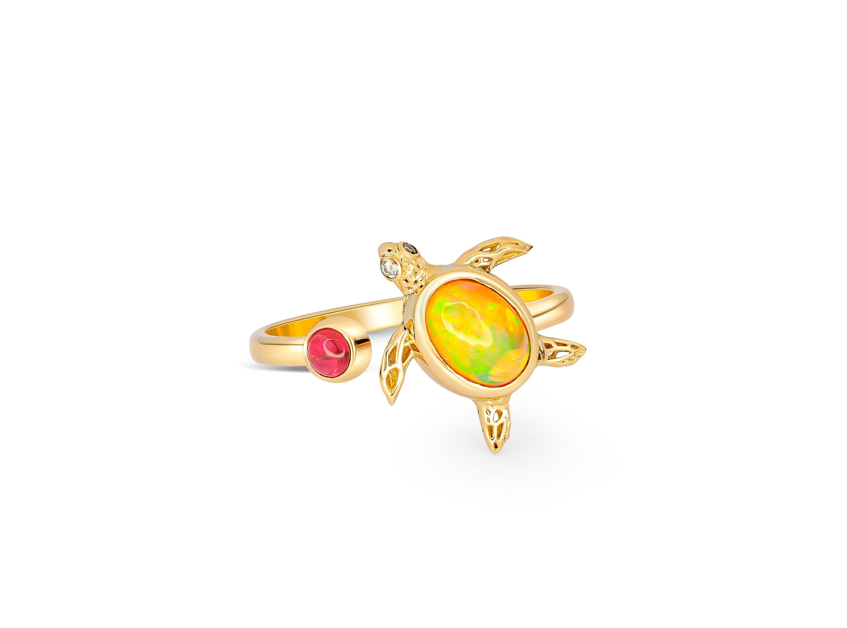 Sea Turtle gold ring with opal. 
Opal gold ring. 14k gold ring with opal, ruby Animal gold ring. October birthstone ring. Ajustable opal ring

Metal: 14k gold
Weight: 2.20 g. depends from size

Main stone opal, solid 
Opal: color - multicolor
Oval