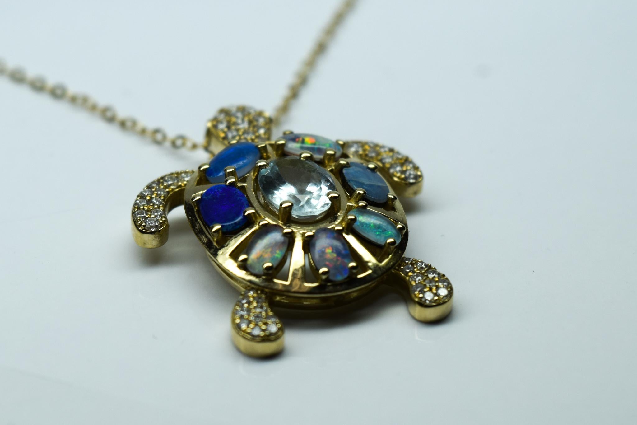 Sea turtle natural gemstones and diamonds 14KT gold For Sale 5