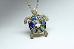 Sea turtle natural gemstones and diamonds 14KT gold