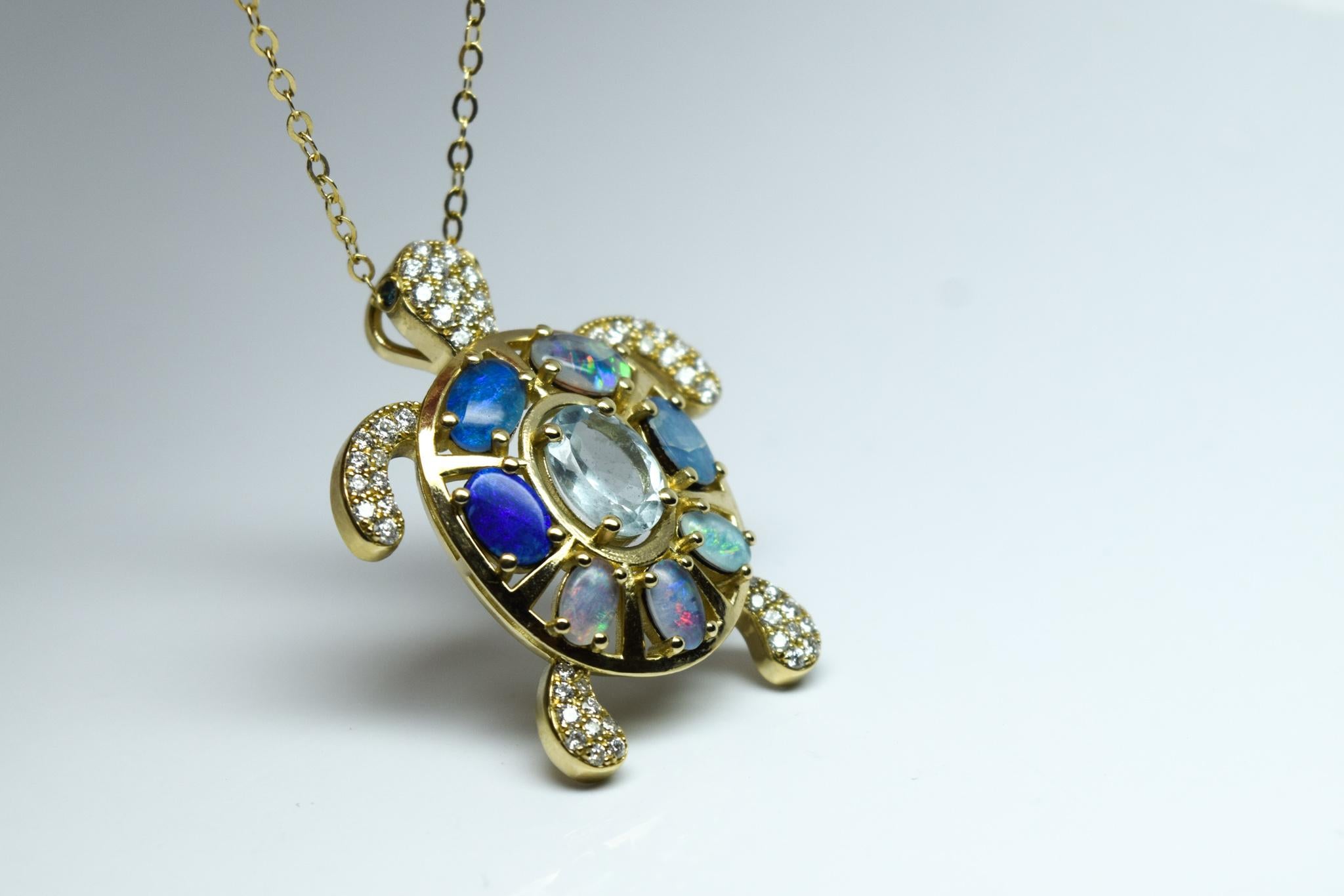 Sea turtle natural gemstones and diamonds 14KT gold In New Condition For Sale In Boca Raton, FL