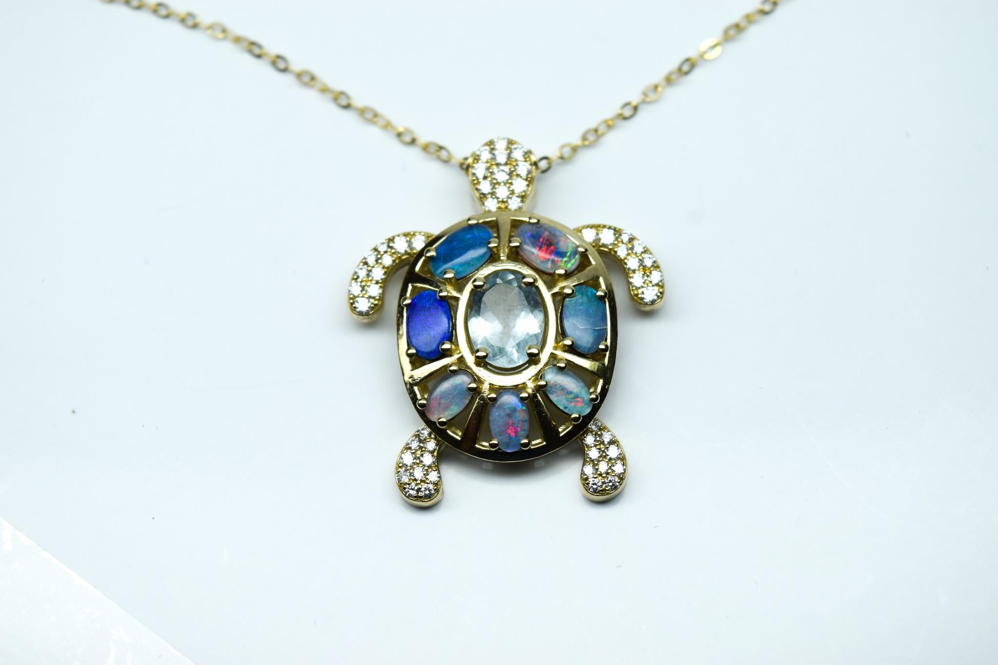 Sea turtle natural gemstones and diamonds 14KT gold For Sale 4