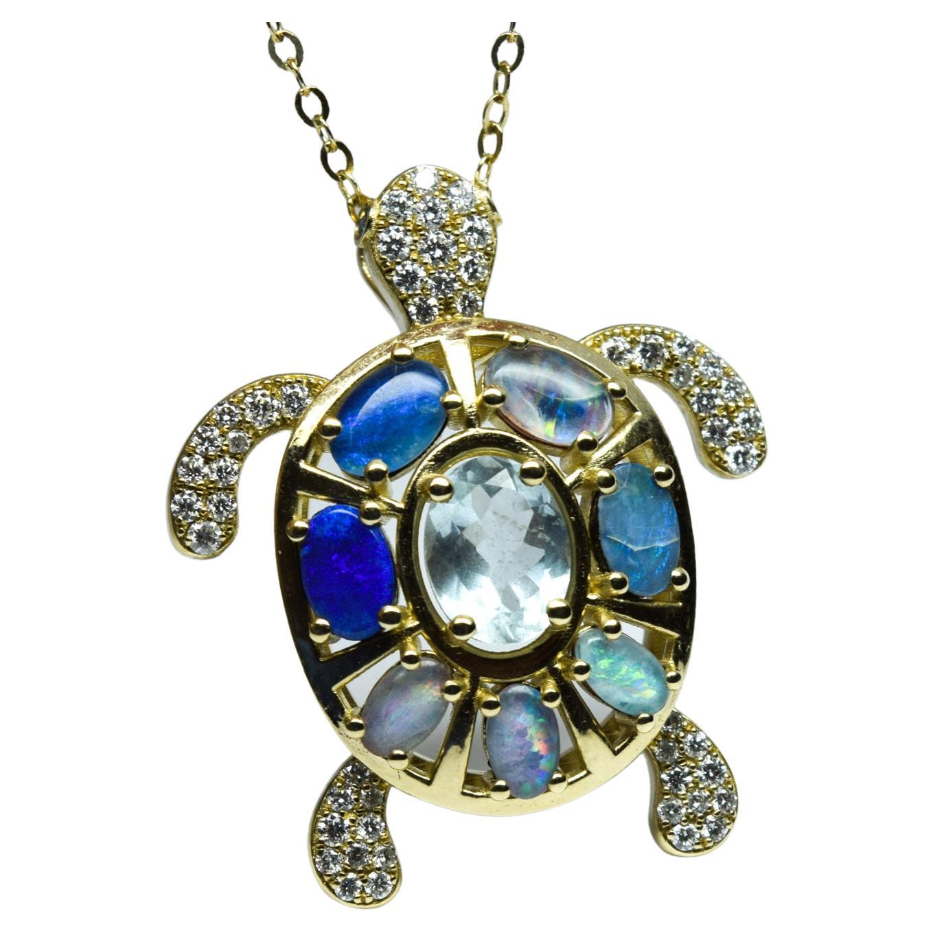 Sea turtle natural gemstones and diamonds 14KT gold For Sale