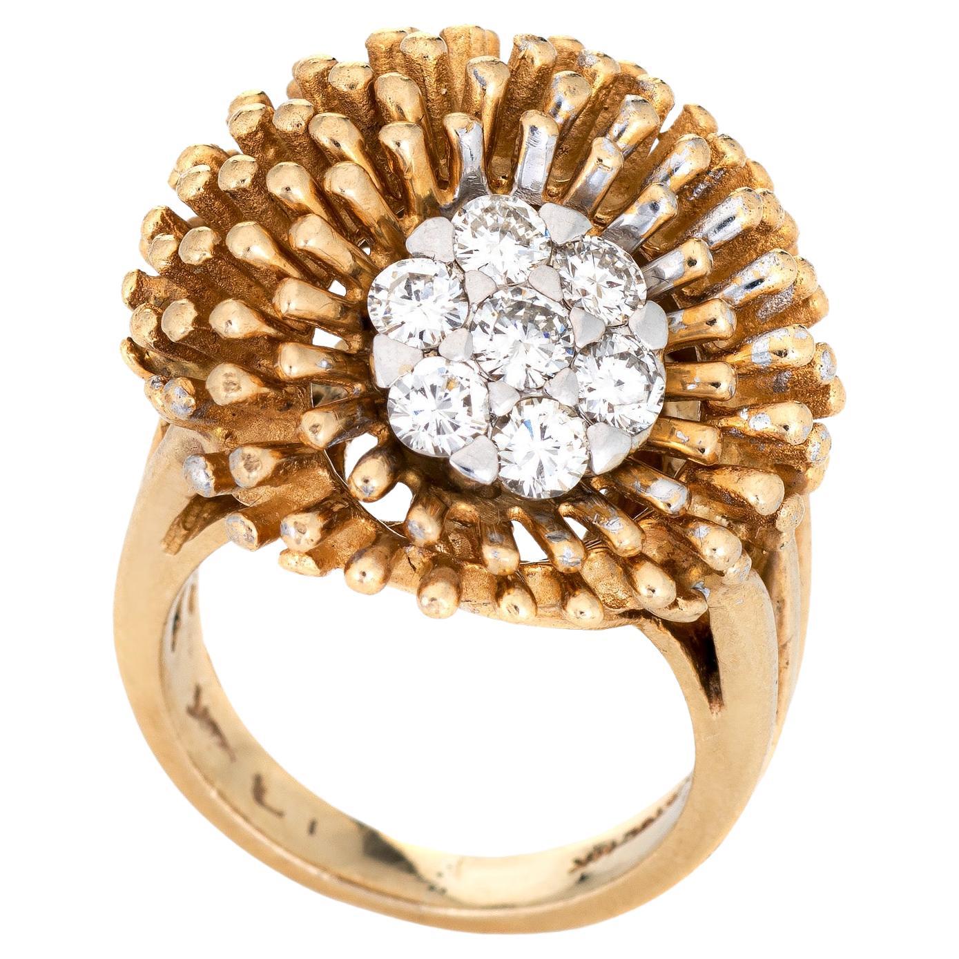 Sea Urchin Diamond Ring Vintage 14k Yellow Gold Marine Ocean Fine Jewelry For Sale