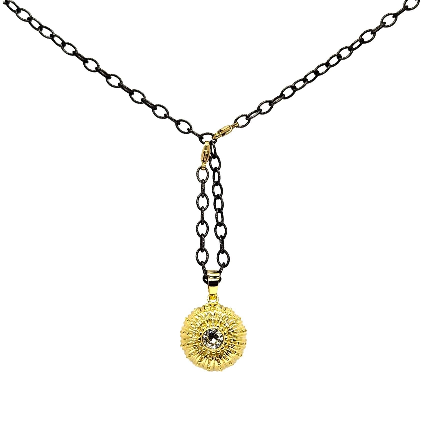 Brilliant Cut Sea Urchin Necklace in 18K and .90CT Diamond Center on blackened Silver Chain For Sale