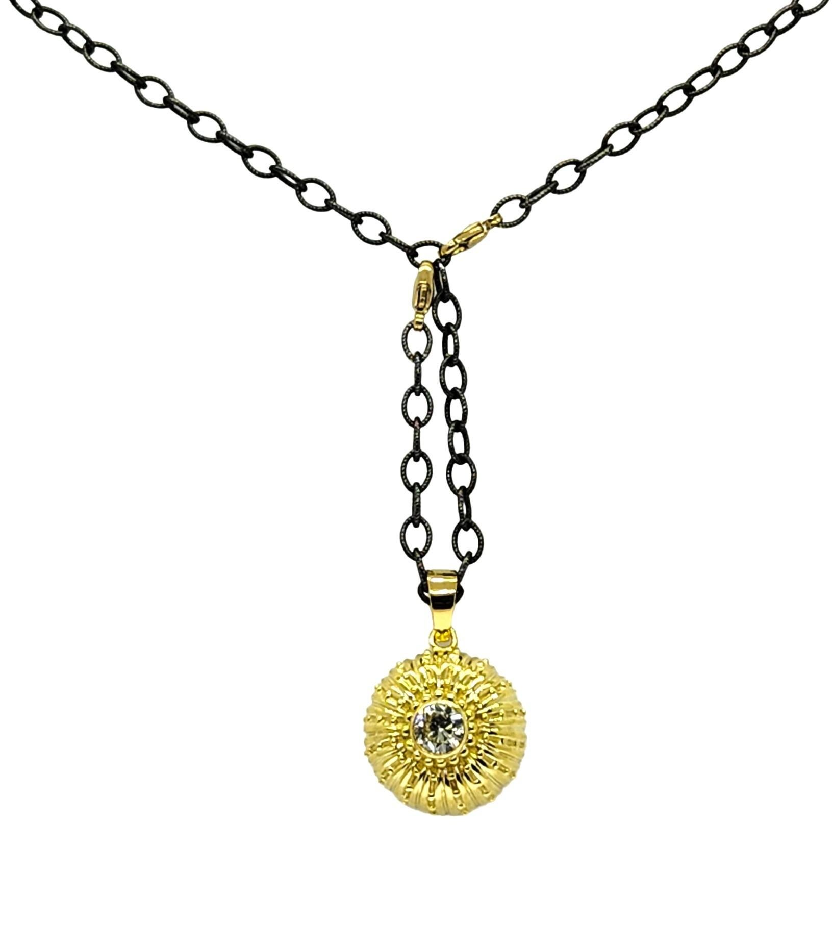 Sea Urchin Necklace in 18K and .90CT Diamond Center on blackened Silver Chain In New Condition For Sale In Rutherford, NJ