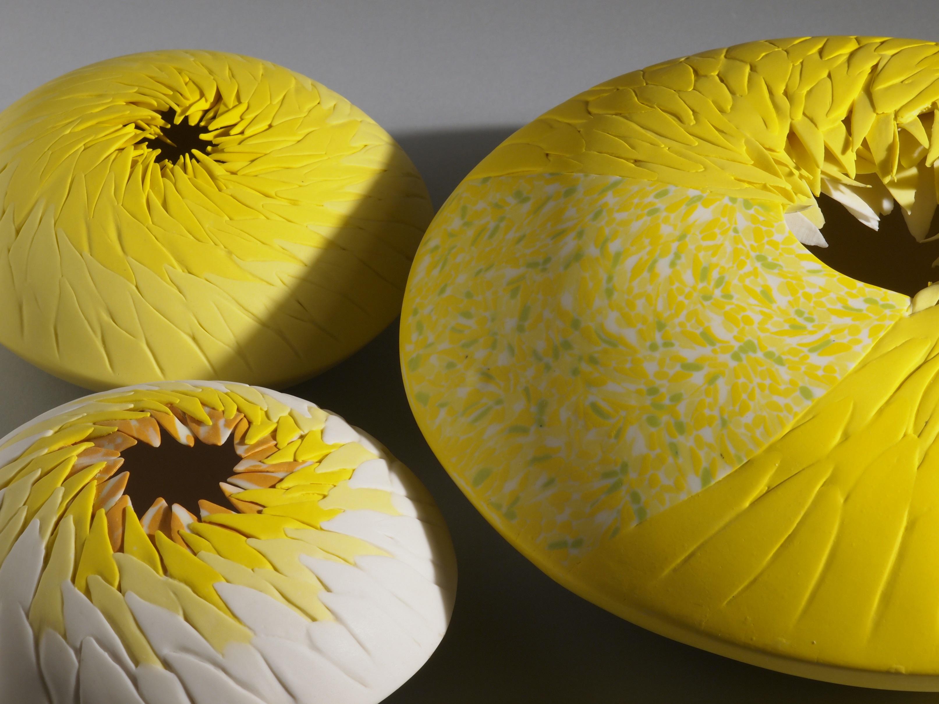 Italian Sea Urchins Porcelain 3 Pieces Installation Yellow Contemporary 21st Century For Sale
