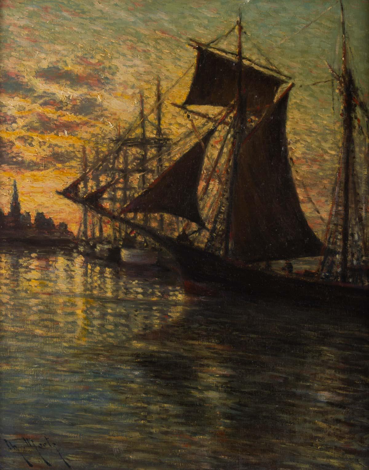 Sea view at sunset, post-impressionist oil on canvas by Charles Mootz (1889-1944), France, first half of the 20th century.
With Louis XVI period frame.
Size of the canvas is: 61 cm x 50 cm
Overall size with the frame is: 72 cm x 60 cm.