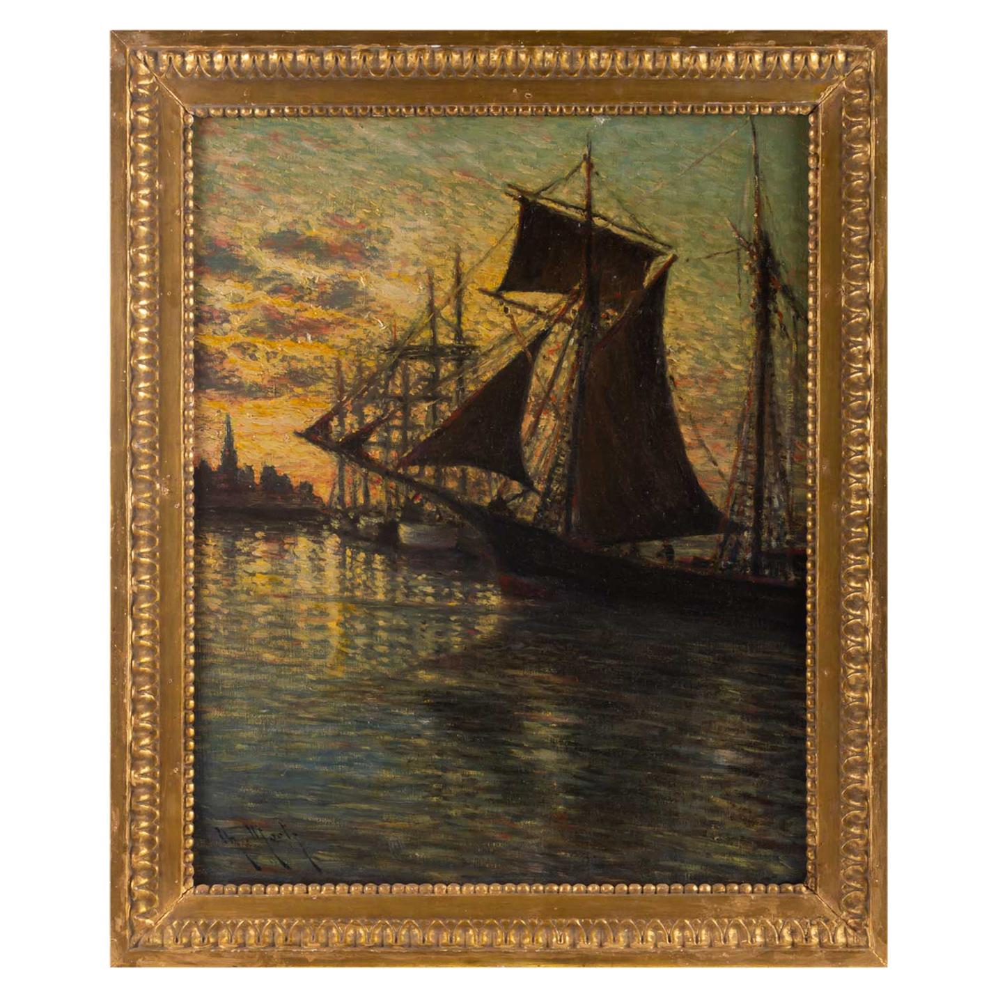 Sea View Post-Impressionist Oil on Canvas by Charles Mootz, France, 20th Century For Sale