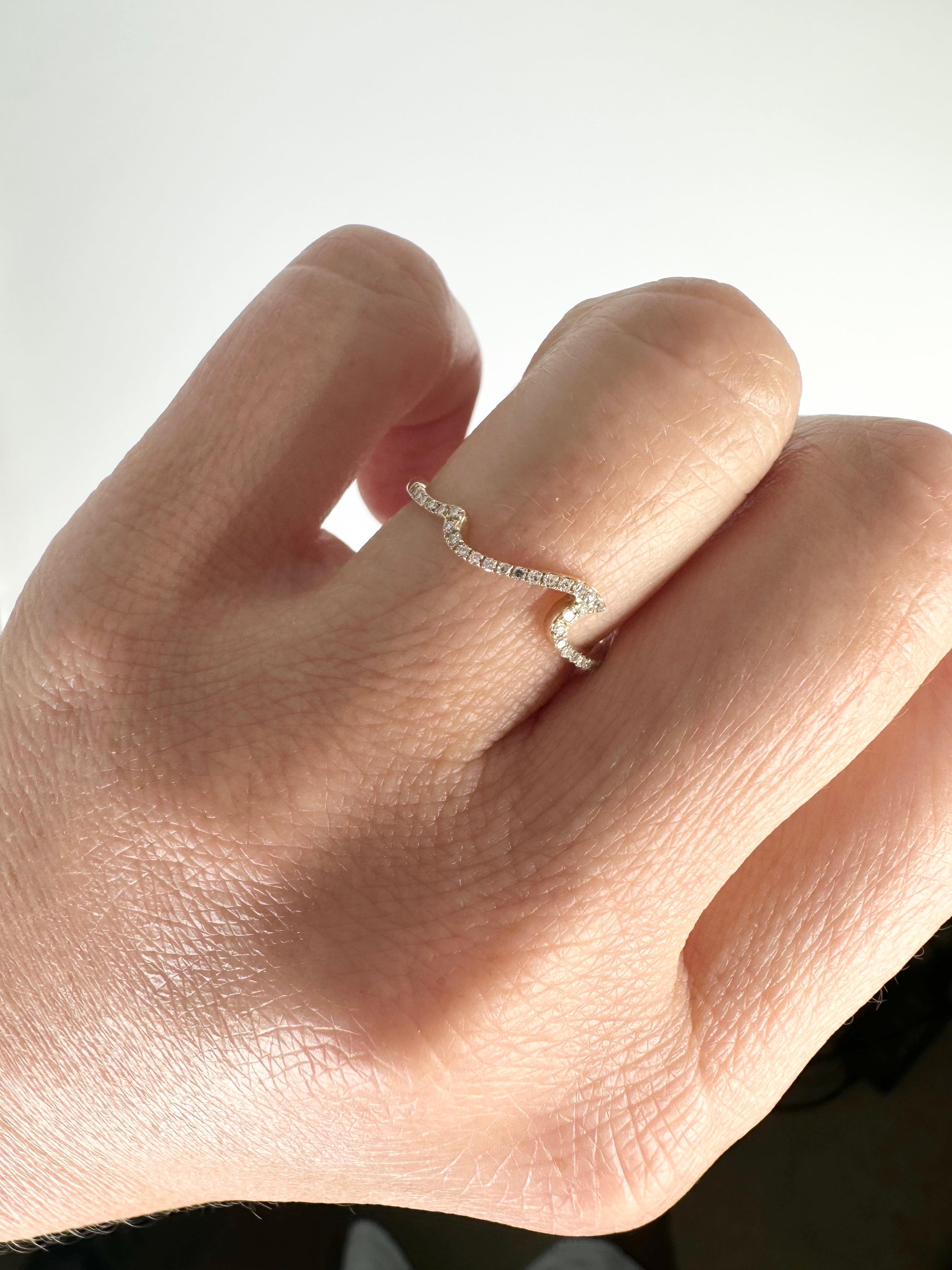 Brilliant Cut Sea wave diamond ring 14KT yellow gold minimalist diamond ring For Sale