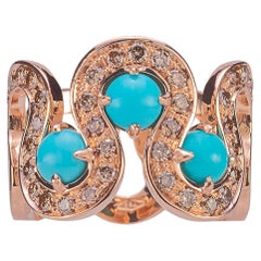Sea Wave Turquoise 18 Karat Gold 0.87 Karat Brown Diamonds Band Happy Ring