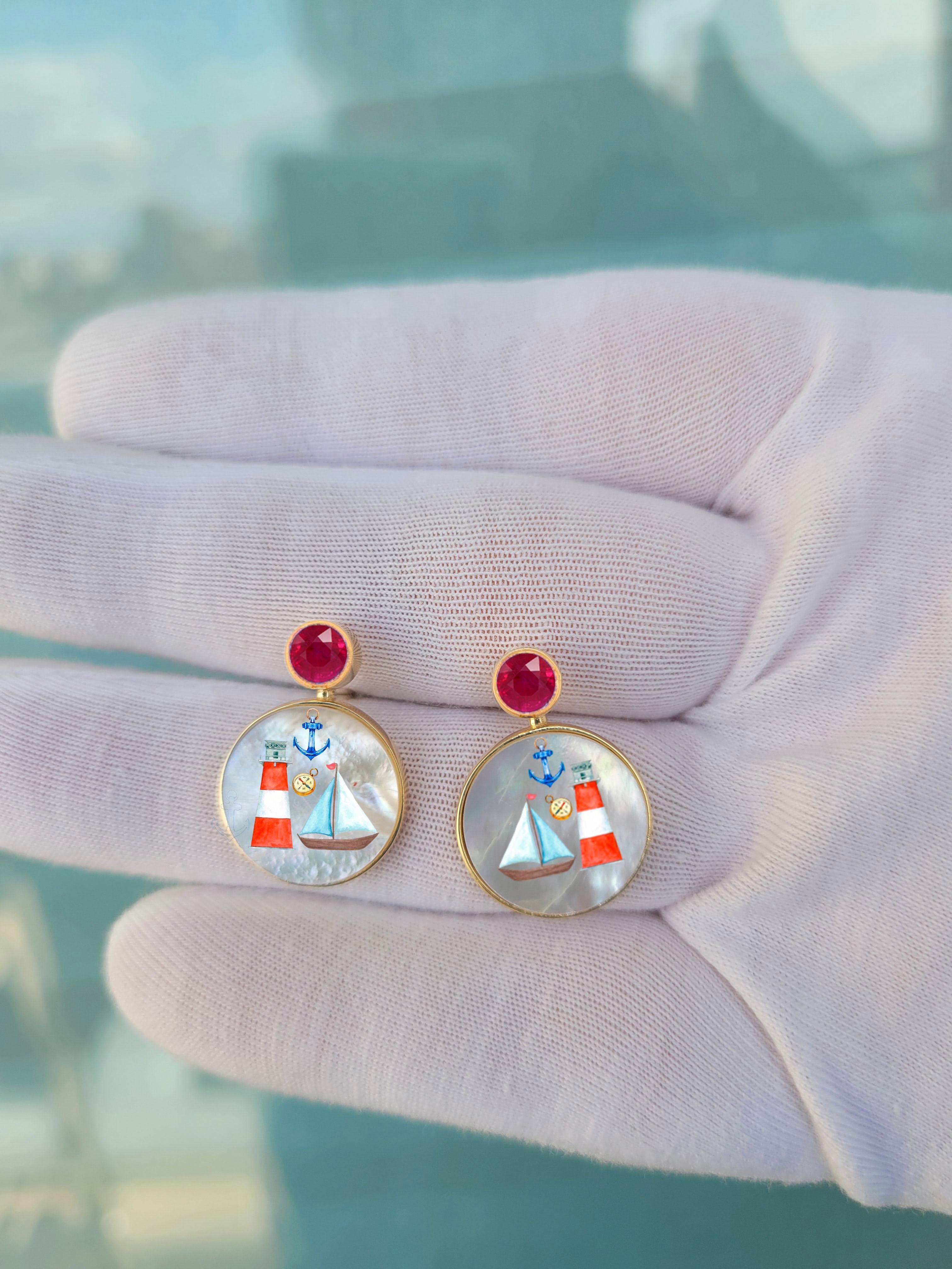 Sea, yacht, marina themed  Earrings Studs with ruby and Mother of pearl. Mother Of Pearl Shell Stud Earrings with ruby. Flower Shell Earrings with ruby. Beach Wedding bridal stud earrings Mother of pearl beach earrings. Shell paint earrings.