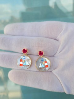 Sea, yacht, marina themed Earrings Studs with rubies and Mother of pearl.