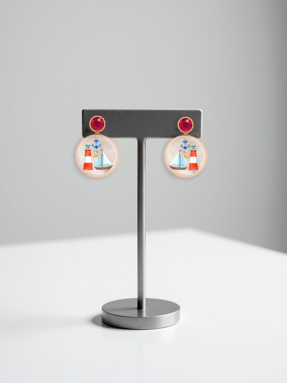 Sea, yacht, marina themed Earrings Studs with rubies and Mother of pearl. In New Condition For Sale In Istanbul, TR