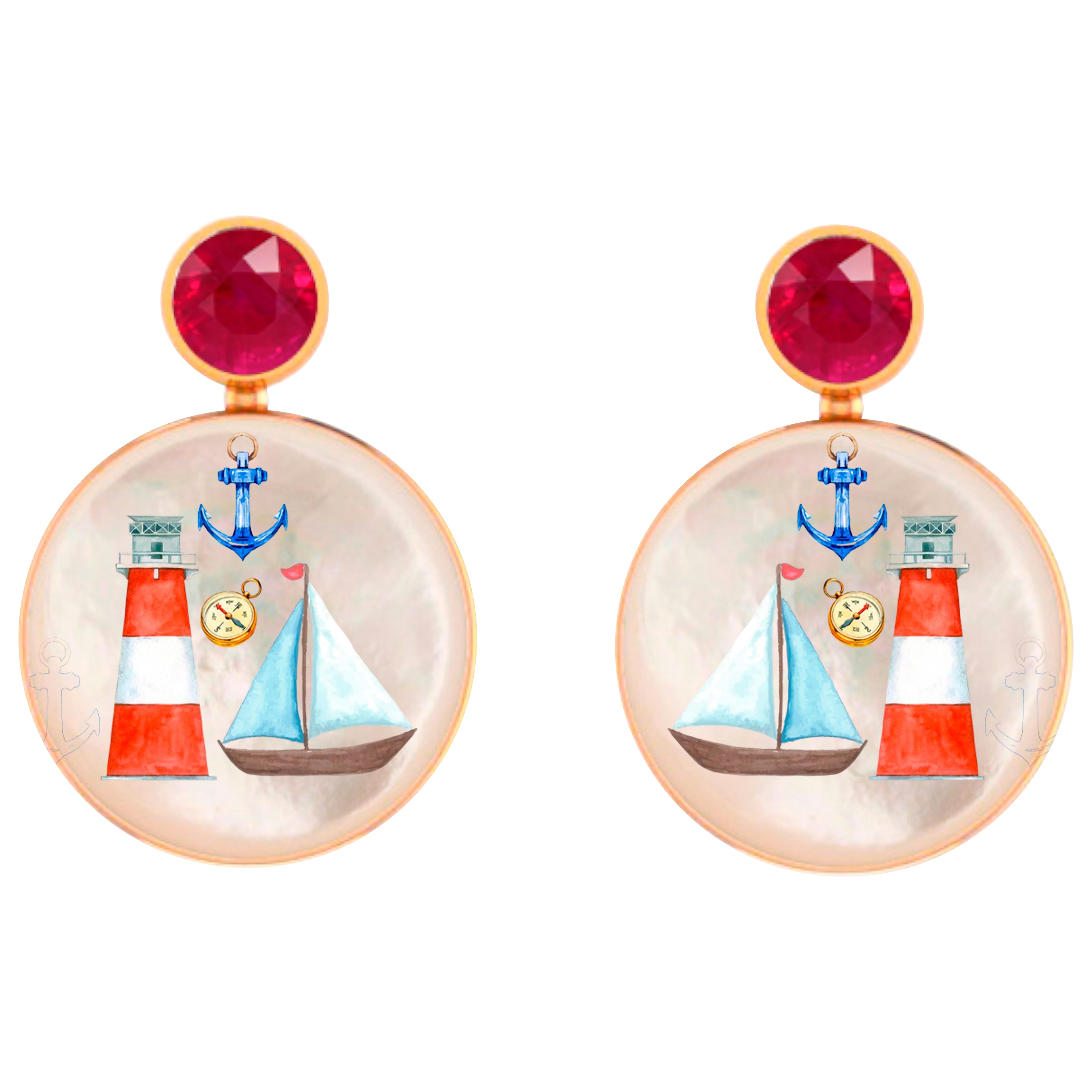 Sea, yacht, marina themed Earrings Studs with rubies and Mother of pearl.