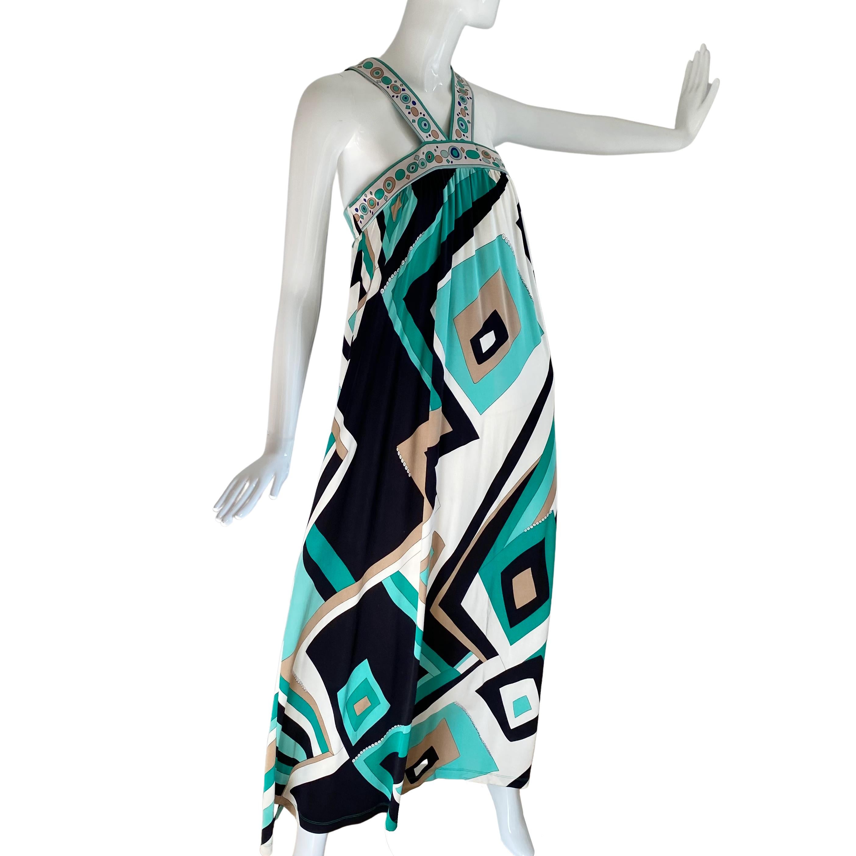 Breezy cool beautiful maxi dress in flattering twin print in seafoam aqua green, sand, black and white.
Wear it with a belt or as is. Dress it up or down.
Back band has invisible stretch for a perfect fit.
 Generous skirt made with yards of