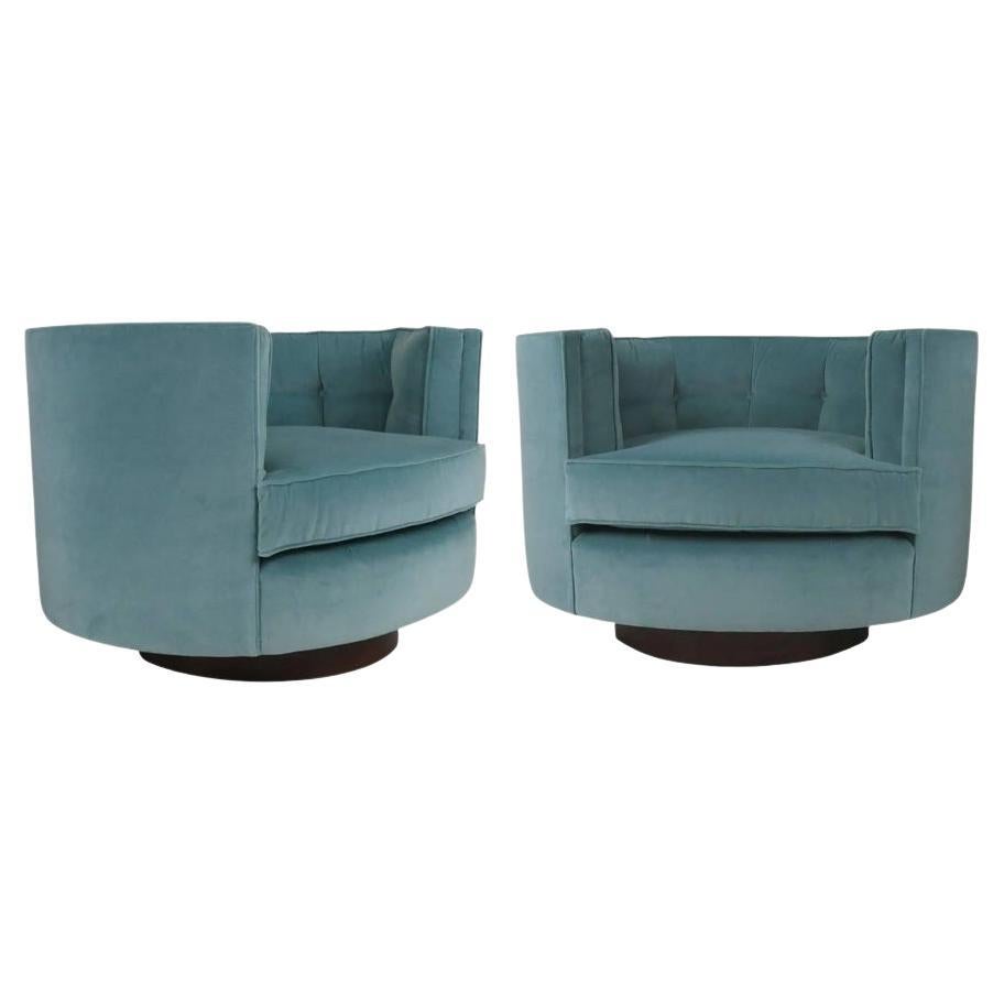 Pair Seafoam Blue Mohair Milo Baughman Style Oval Swivel Chairs by Flair For Sale