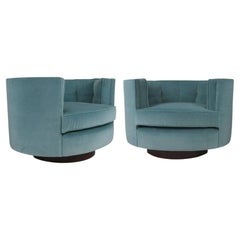 Pair Seafoam Blue Mohair Milo Baughman Style Oval Swivel Chairs by Flair