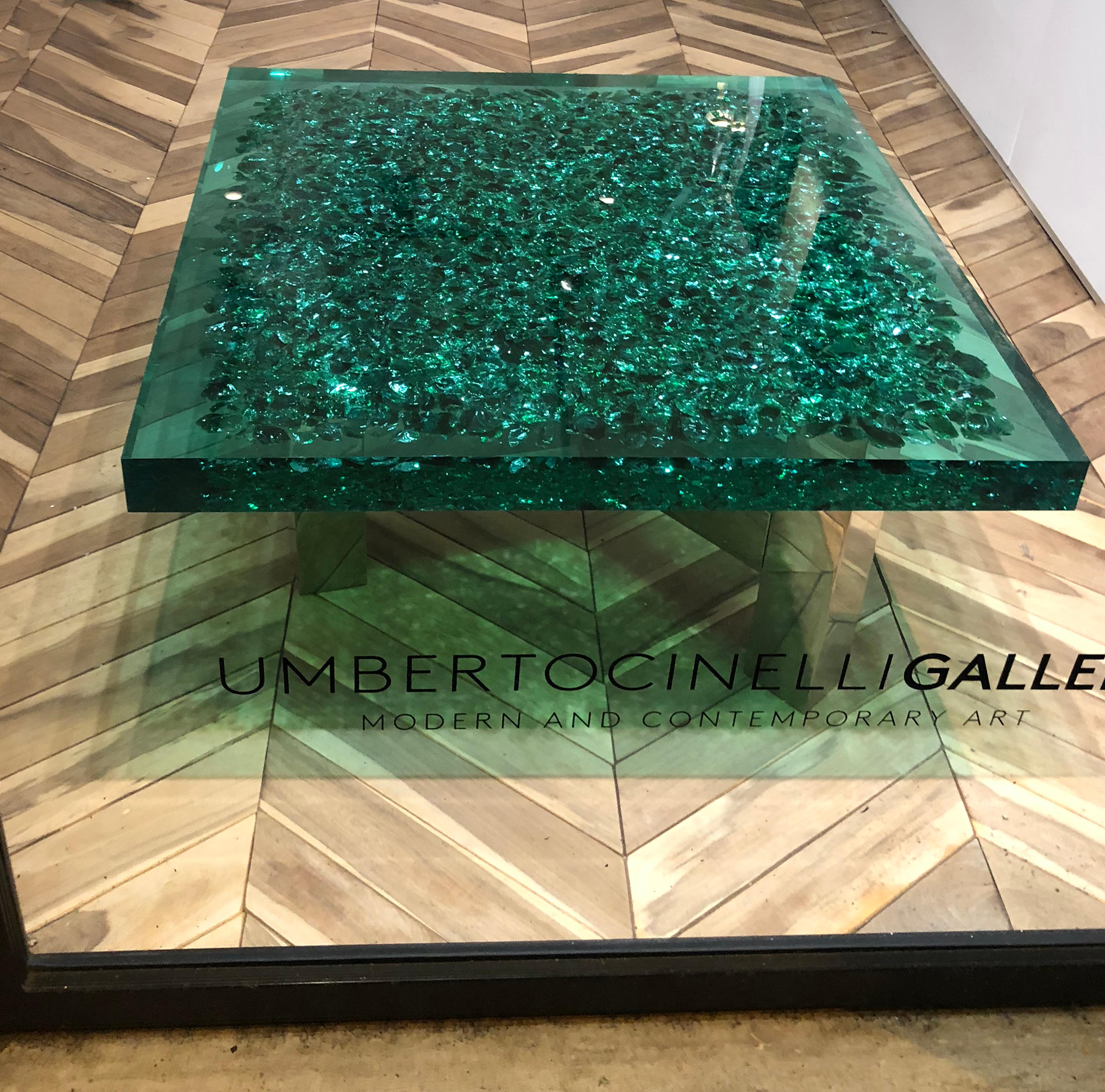Modern Seafoam Green Lucite and Murano Glass Coffee Table on Brass Base 