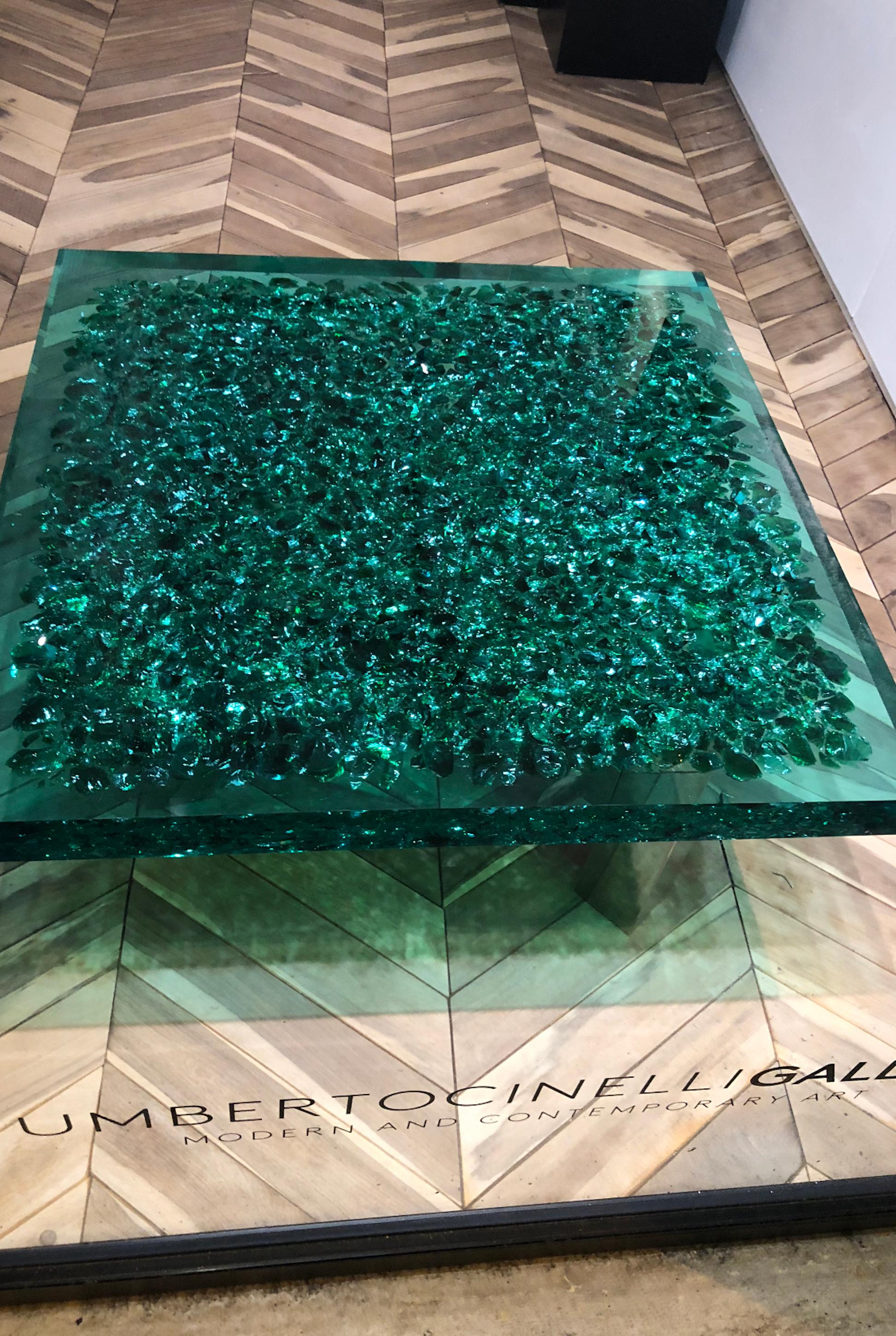 Italian Seafoam Green Lucite and Murano Glass Coffee Table on Brass Base 
