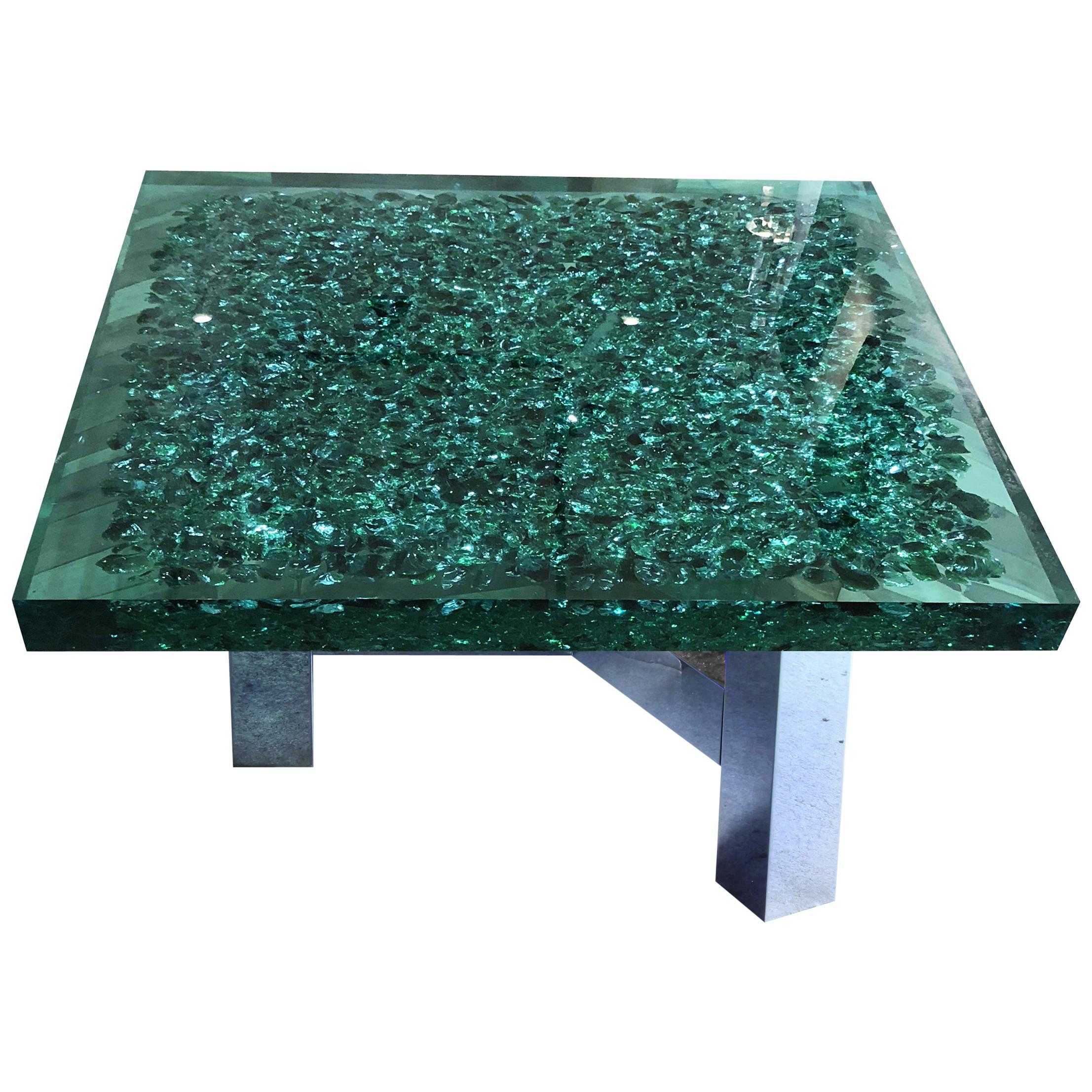 Seafoam Green Lucite and Murano Glass Coffee Table on Brass Base "Riflessioni" For Sale