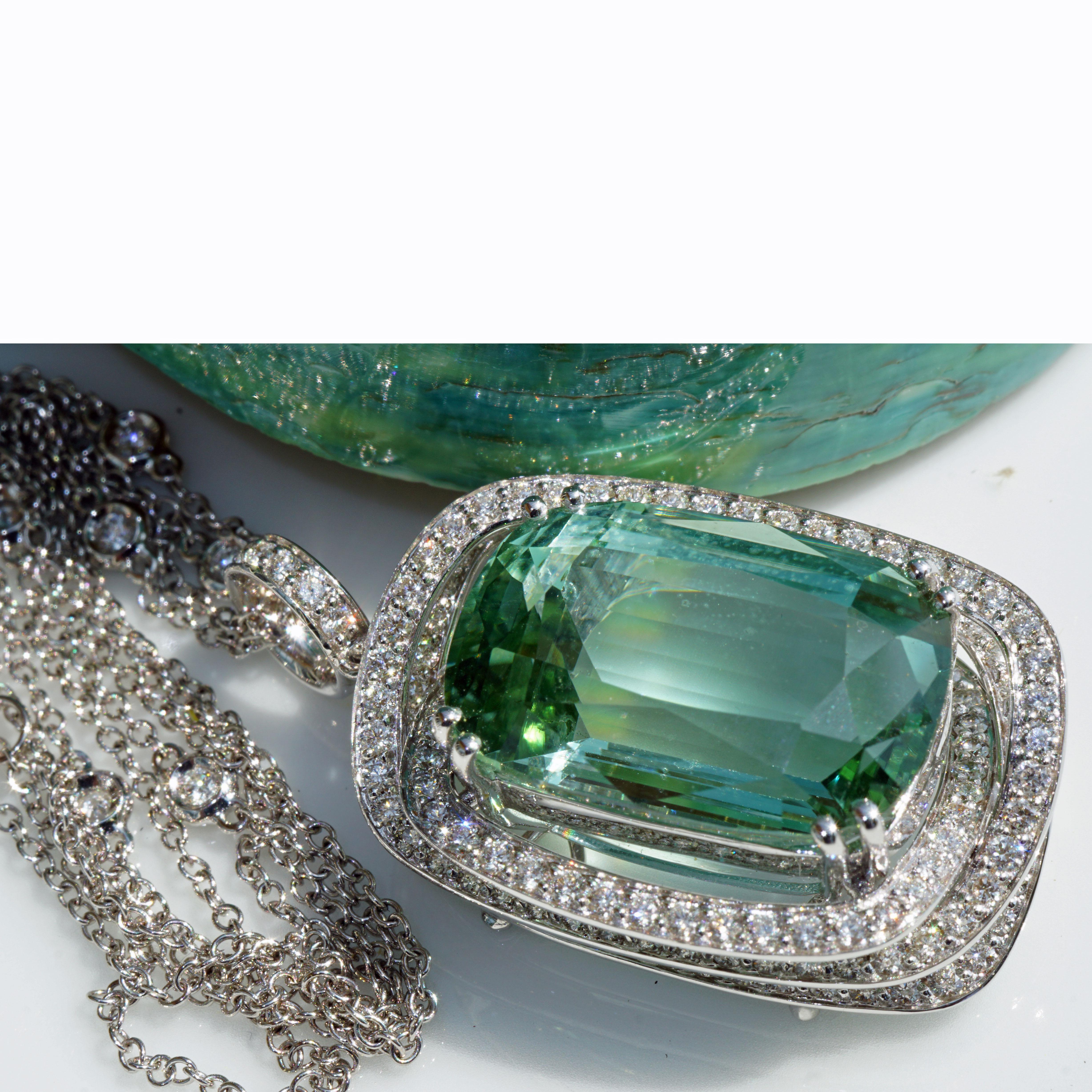 Modern Seafoam Green Tourmaline Brilliant Pendant Chain 21ct 2.10 ct TW VSAfghanistan  For Sale