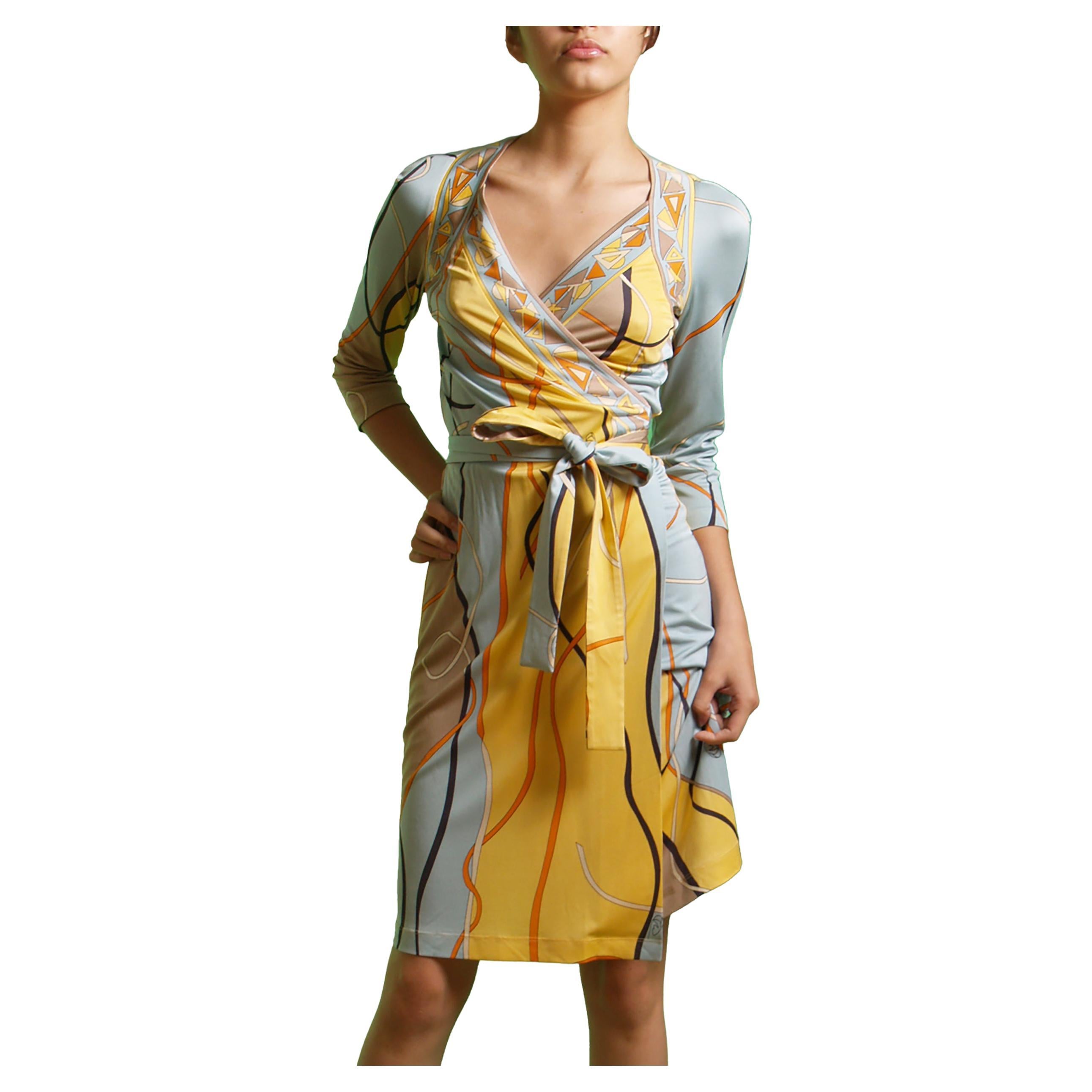 Seafoam Ribbon Mix Print FLORA KUNG Silk Jersey Wrap Dress - NWT  For Sale