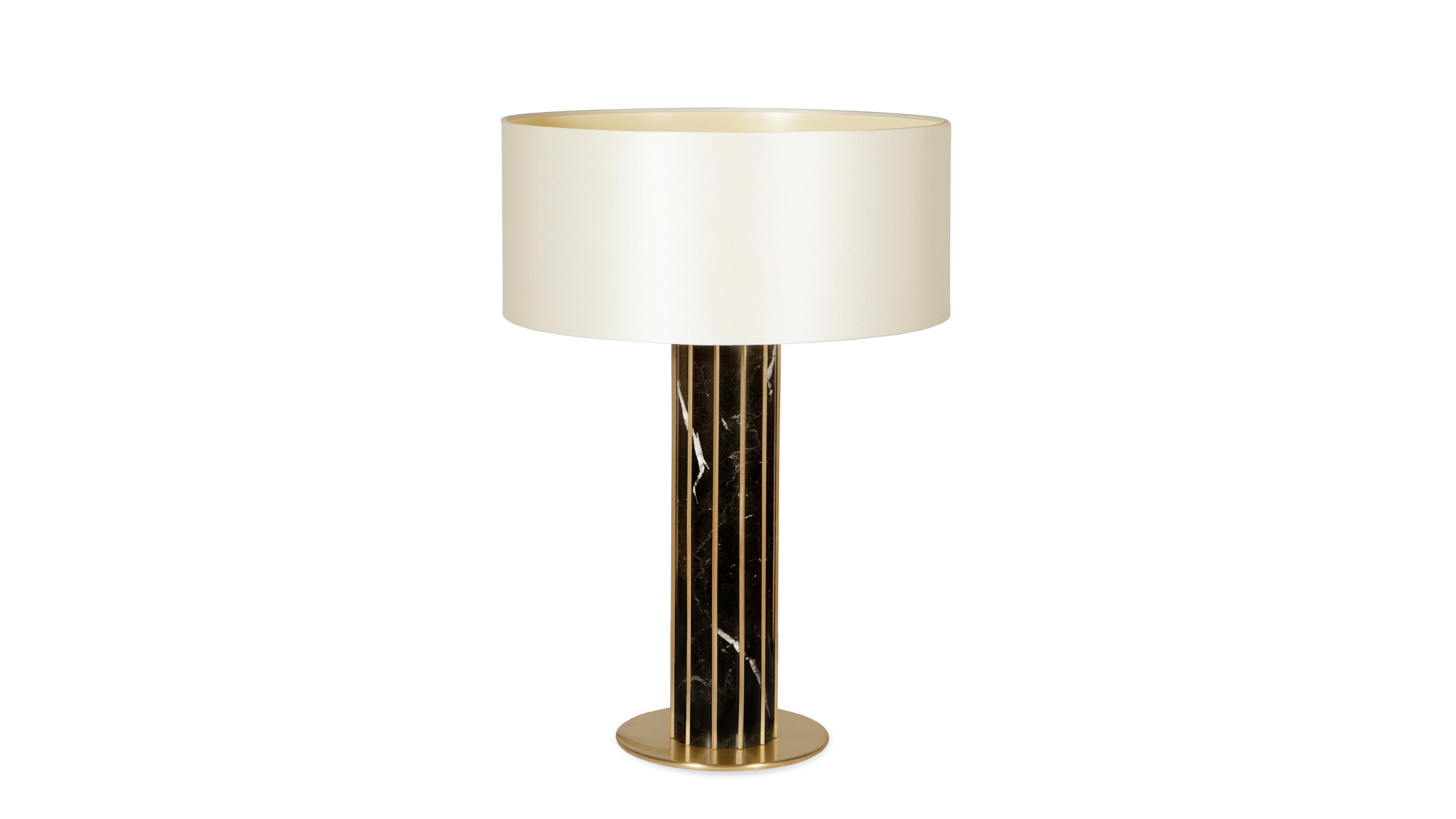 Seagram Nero Marquina Marble Table Lamp by InsidherLand
Dimensions: D 45 x W 45 x H 65 cm.
Materials: Satin, Nero Marquina marble, brushed brass.
13 kg.
Available in other marbles and metals.

The Seagram table lamp receives the name of the first