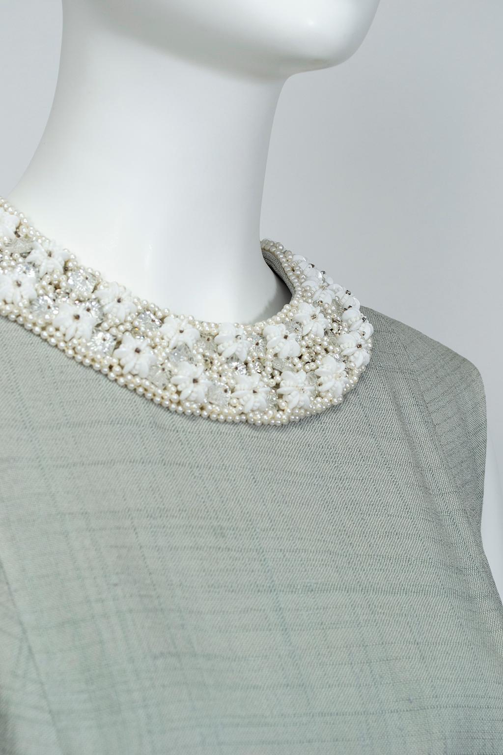 Dove Gray A-Line Shift Dress with Bead-Crusted Neckline and Pockets - M, 1960s For Sale 2