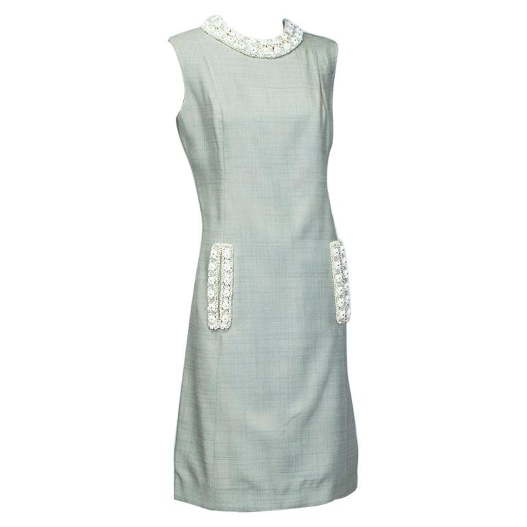 Dove Gray A-Line Shift Dress with Bead-Crusted Neckline and Pockets - M, 1960s For Sale