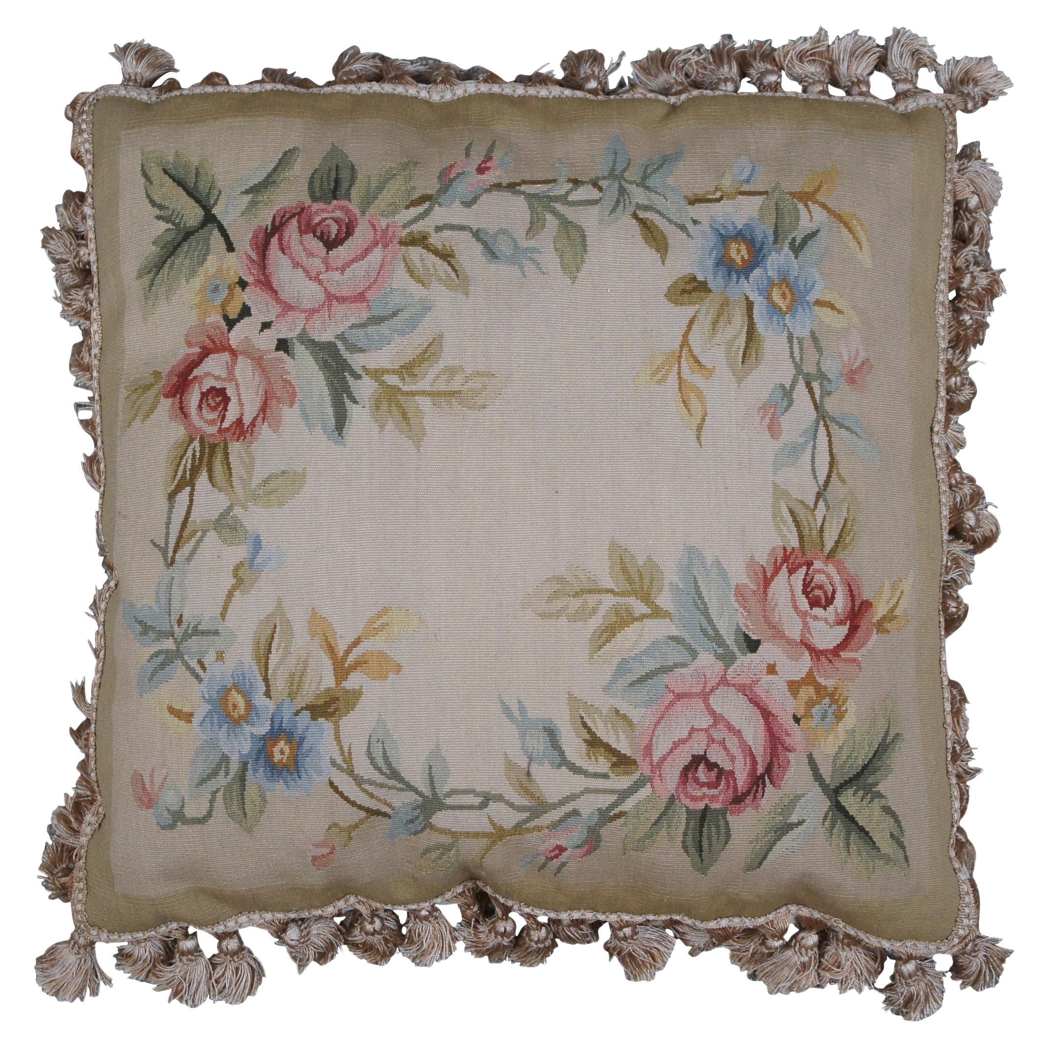 Seagull Chinese Carpets Aubusson Style Silk Floral Wreath Lumbar Pillow 22"