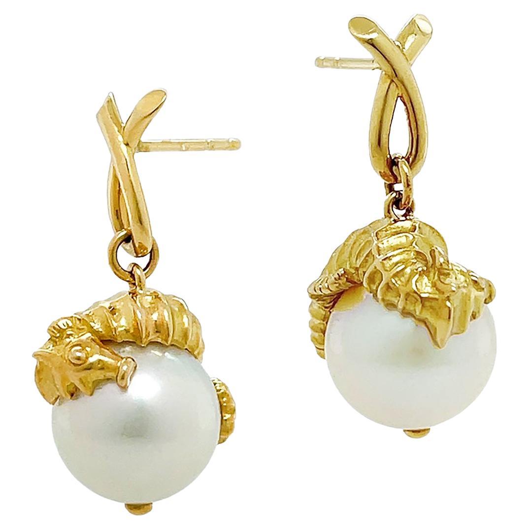 18K Yellow Gold Seahorse and South Sea Pearl Earrings For Sale