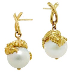 18K Yellow Gold Seahorse and South Sea Pearl Earrings