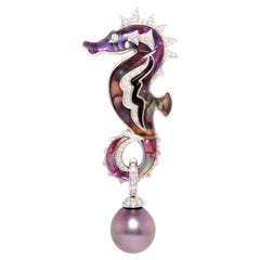 Seahorse Brooch Pin Diamonds and Tahitian Pearl Design by Ella Gafter
