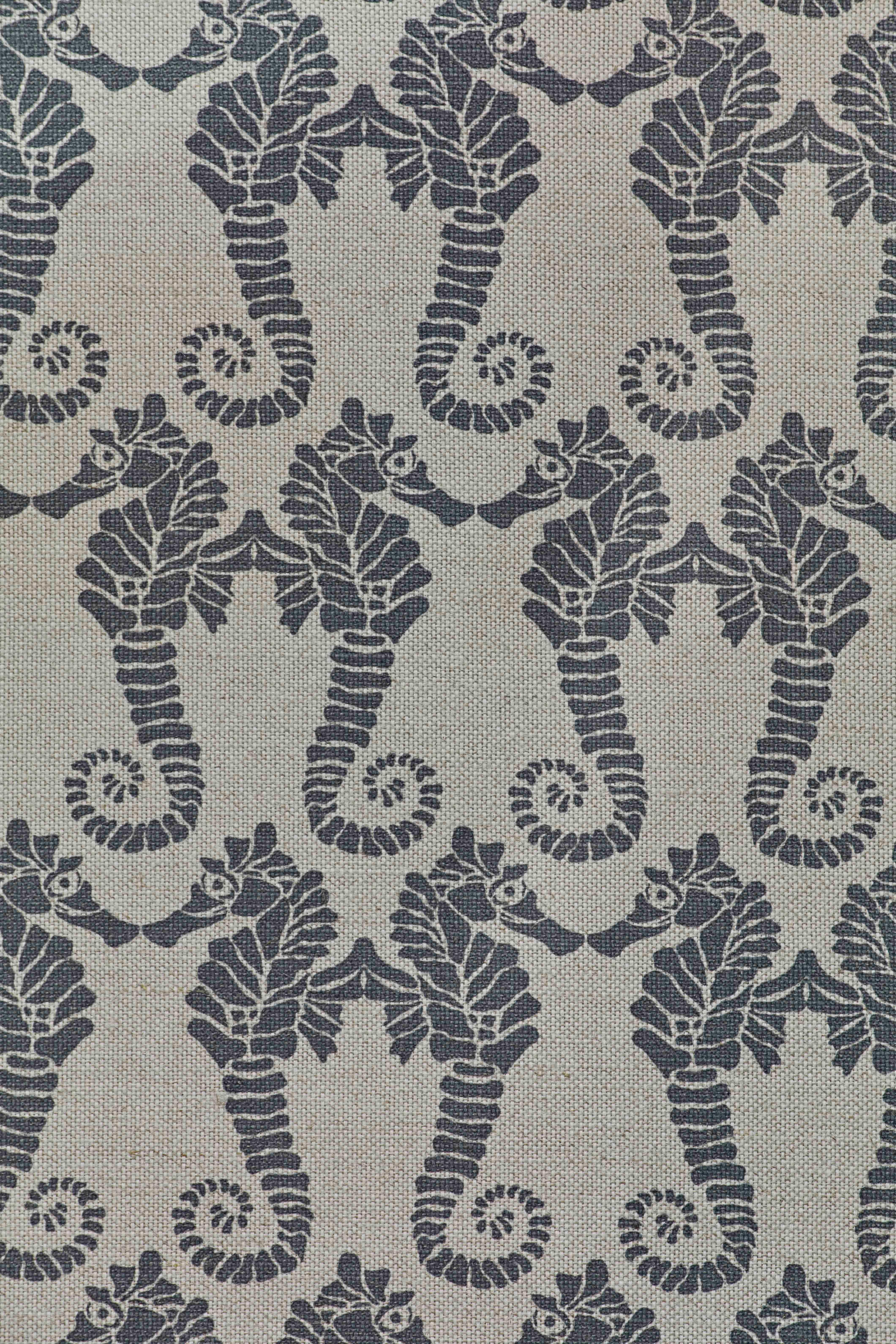 British 'Seahorse' Contemporary, Traditional Fabric in Charcoal on Natural For Sale
