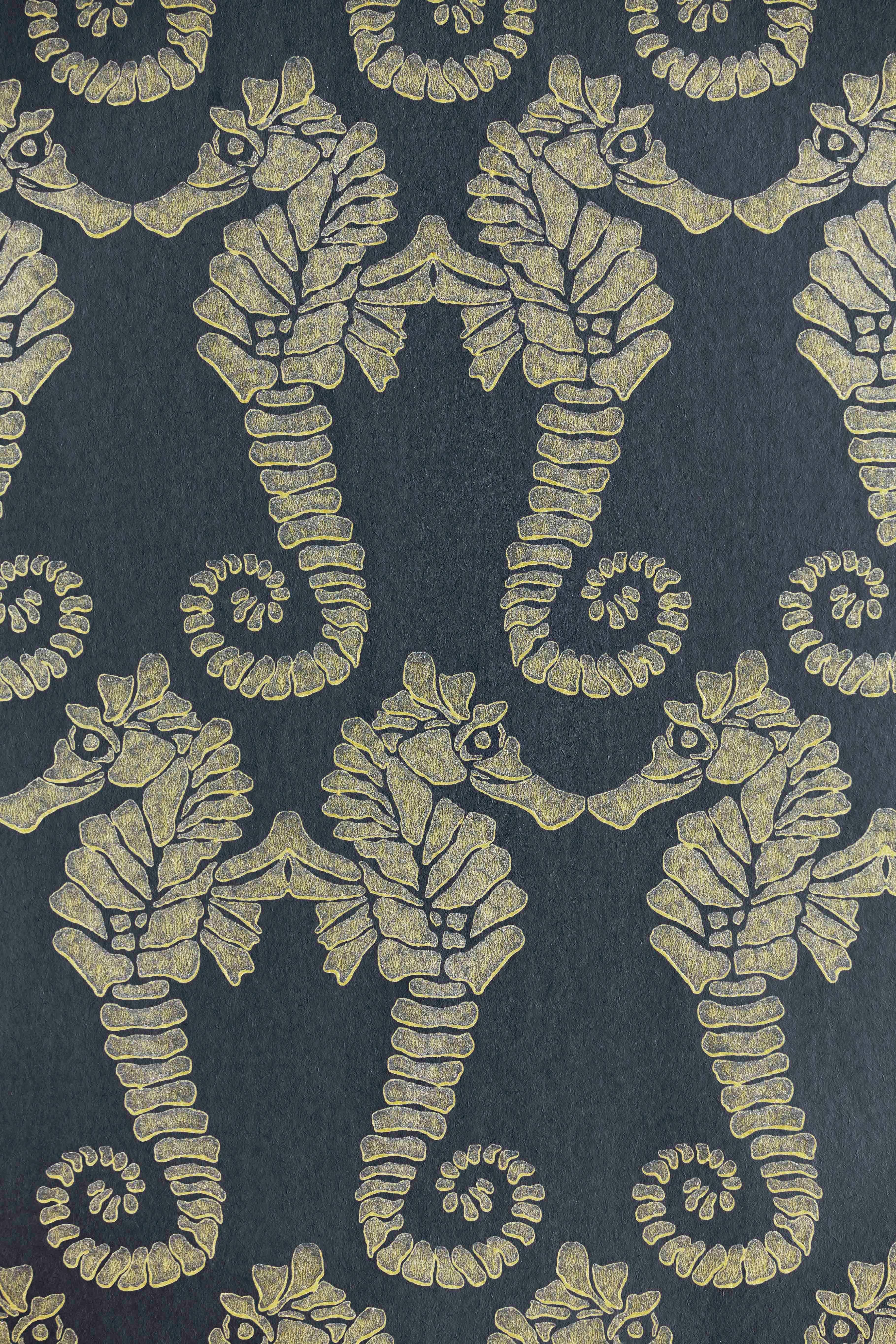 British 'Seahorse' Contemporary, Traditional Wallpaper in Charcoal/Gold For Sale