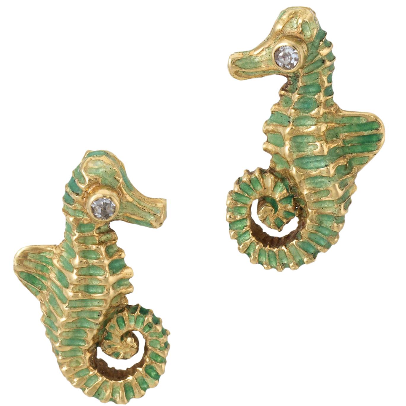 Seahorse Diamond Earrings Vintage 18 Karat Yellow Gold Green Enamel