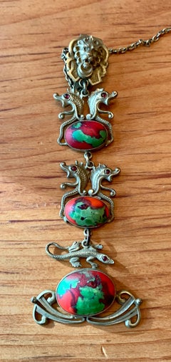 Seahorse Dragon Lion Lizard Art Glass Fob Pendant Antique Belle Epoque Dog Clip